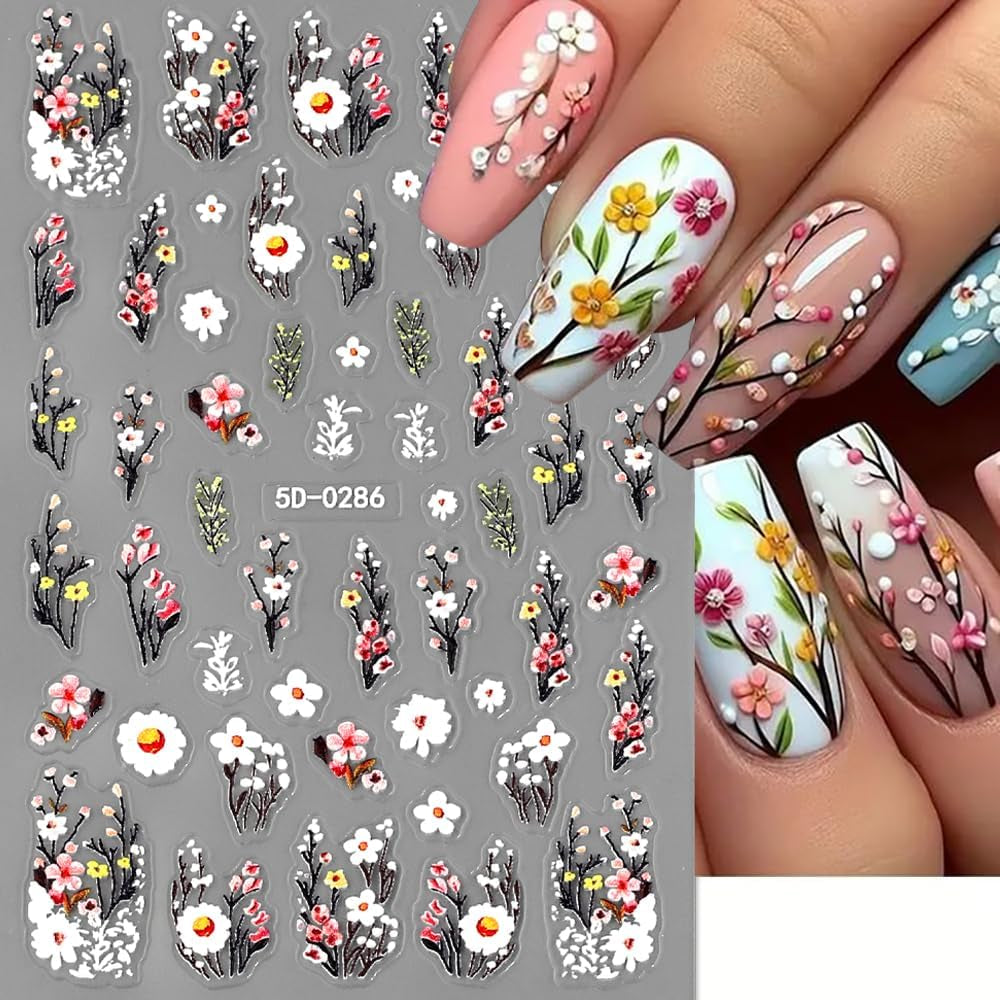 Autocollants pour ongles fleur de prunier, autocollants pour ongles fleur rose blanche, autocollants pour ongles fleur en relief, autocollants pour ongles fleur printemps été, dessins d'ongles, accessoires pour ongles, art des ongles