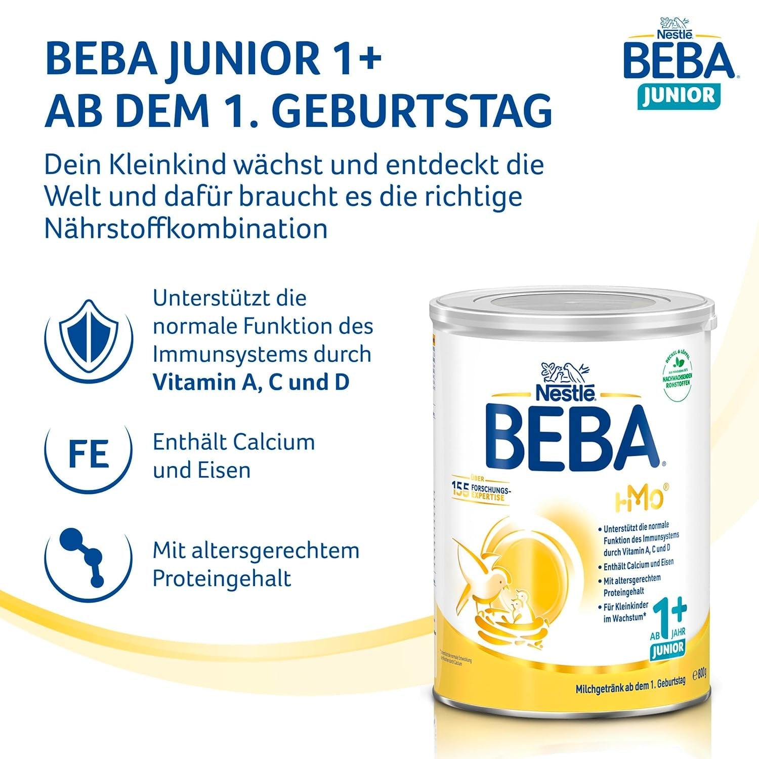 Boisson lactée BEBA Junior 1+ à partir de 1 an, Avec HMO, Teneur en protéines adaptée à l'âge, Lactose uniquement, Sans huile de palme, Sans huile de poisson, Aliments pour tout-petits, Lait en poudre pour bébé, Lot de 3 (3 x 800 g)