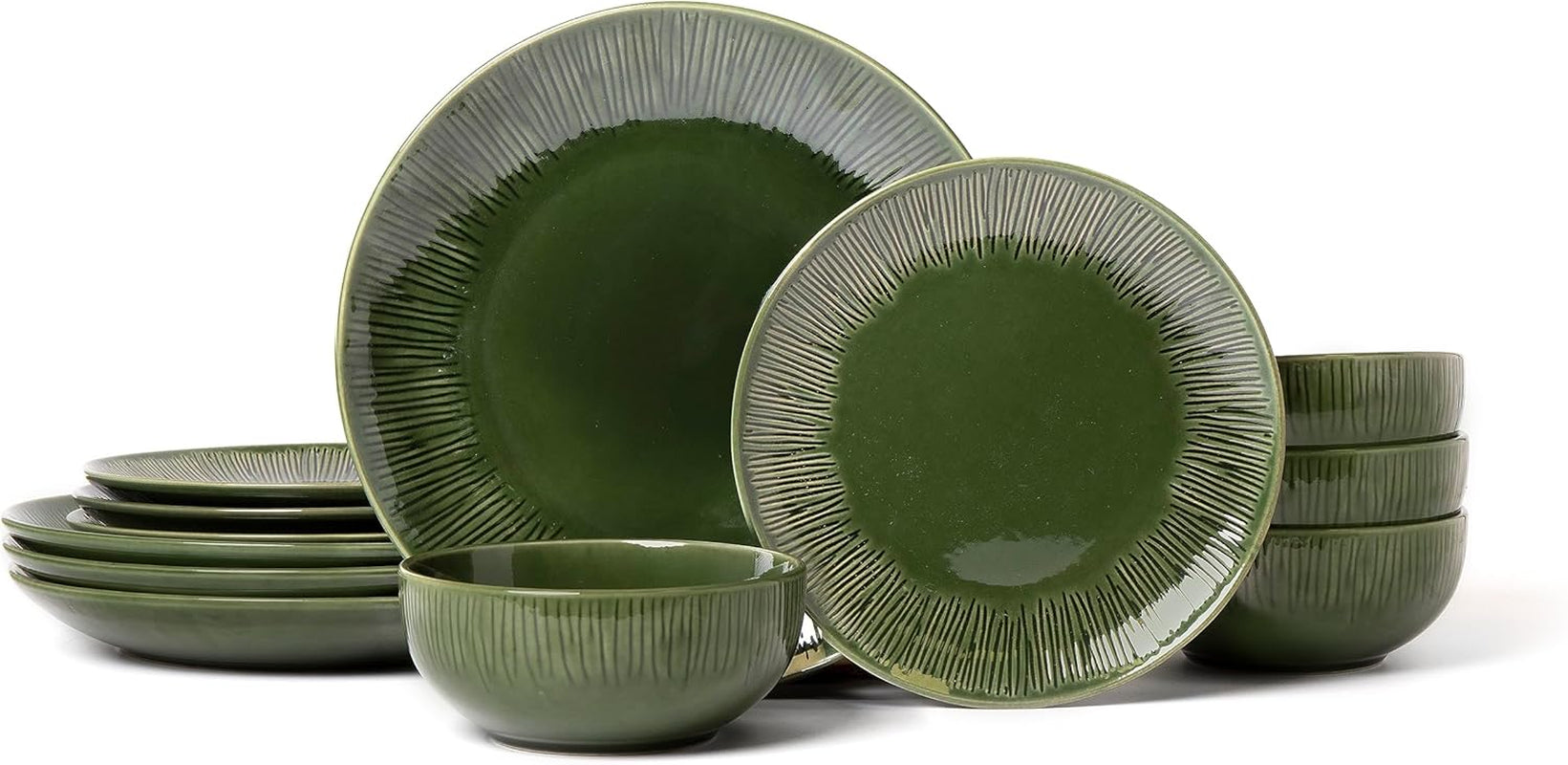Mikasa Jardin Service de table 12 pièces, service de table en grès pour 4 personnes avec assiettes, assiettes latérales et bols, vert – Coffret cadeau et passe au lave-vaisselle