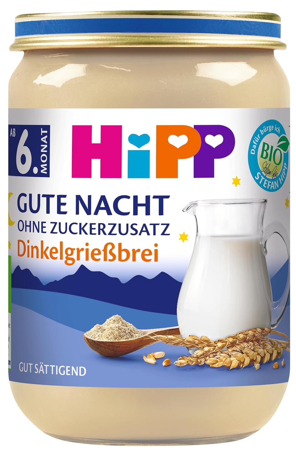 HiPP Bio Gute Nacht Dinkelgrießbrei (6 x 190g), Babybrei ab 6. Monat, ohne Zuckerzusatz, gut sättigend, in best Bio-Qualität
