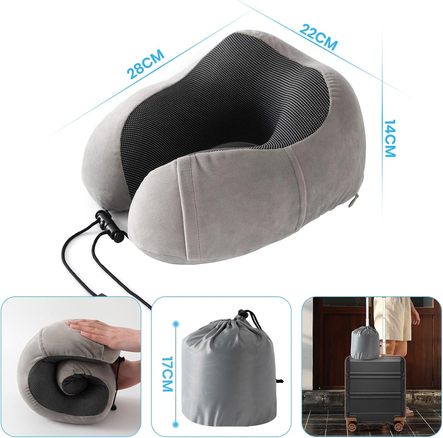 Good Nite Oreiller cervical Oreiller de voyage Oreiller de voyage pour adulte Oreiller de voiture Oreiller de maison Oreiller de tête Ergonomique Mousse à mémoire de forme Lavable avec dos étroit Oreillers de voyage gris réglables Naty Shop