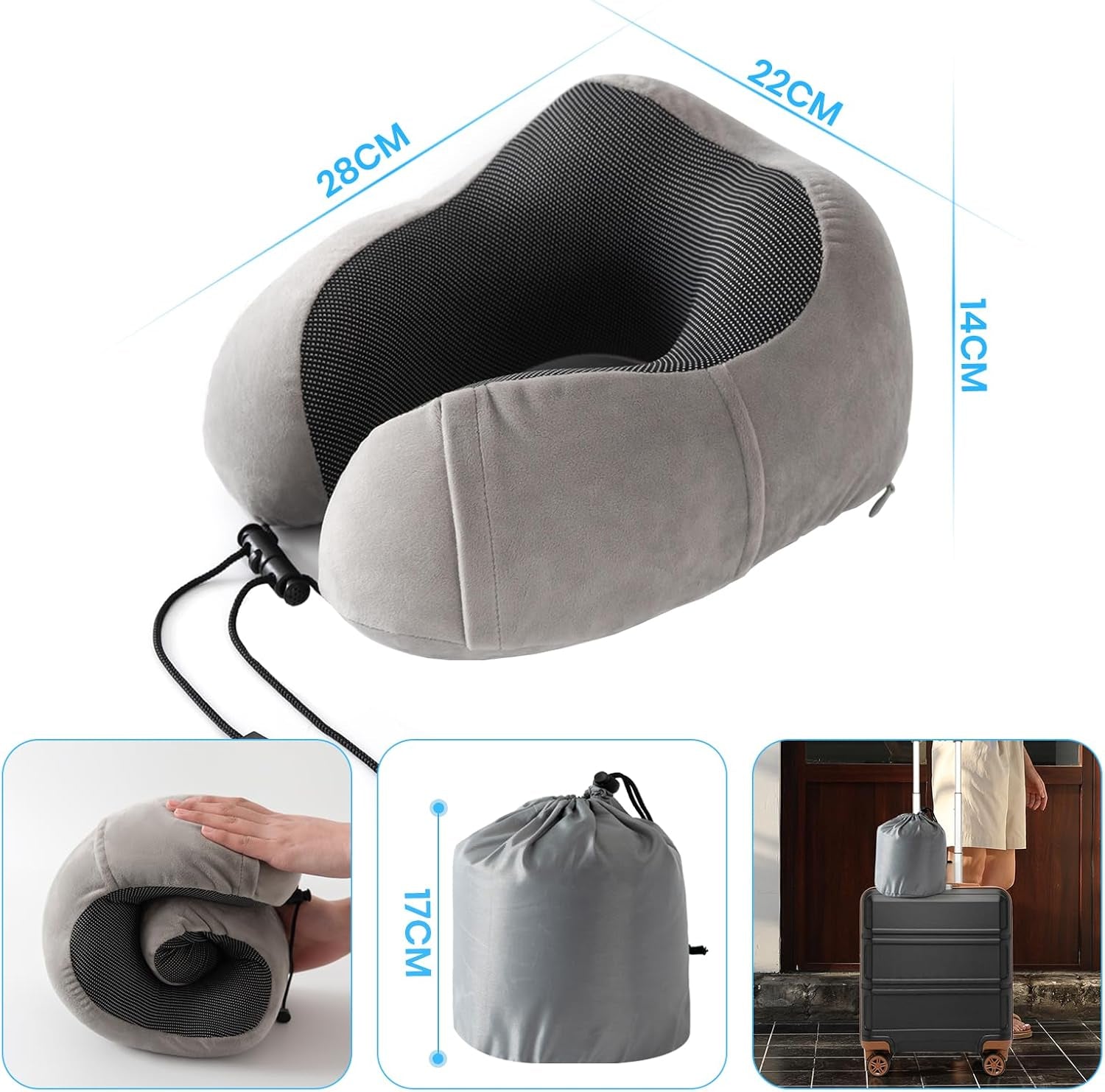 Good Nite Oreiller cervical Oreiller de voyage Oreiller de voyage pour adulte Oreiller de voiture Oreiller de maison Oreiller de tête Ergonomique Mousse à mémoire de forme Lavable avec dos étroit Oreillers de voyage gris réglables Naty Shop