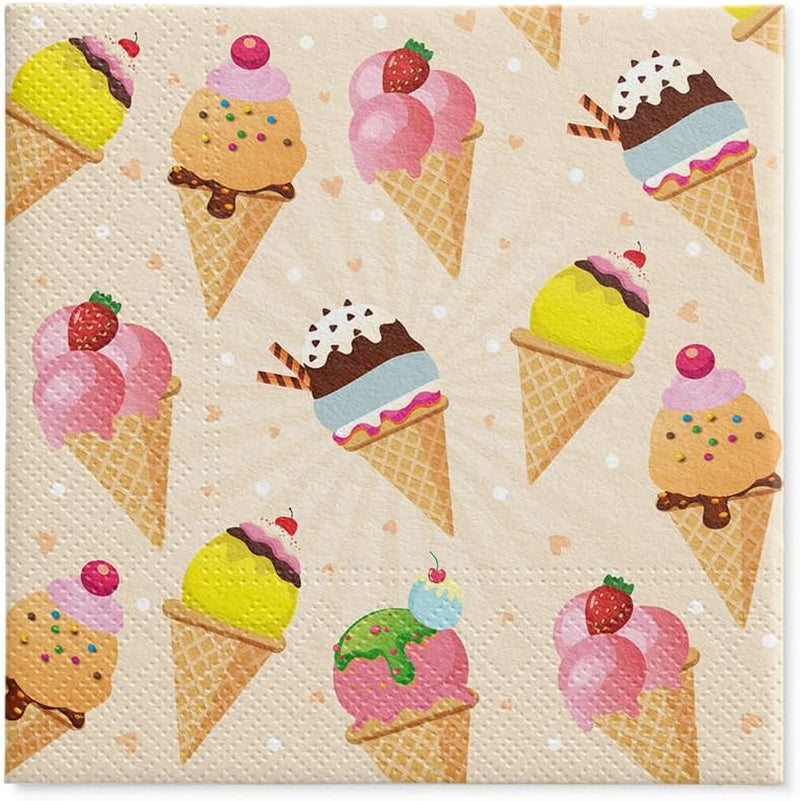PAW - Serviettes 3 Plis (33 X 33 Cm) I 20 Pièces I Parfaites pour les Fêtes, Anniversaires, Vacances I Décorations de Table pour Fêtes d'Enfants - Serviettes en Papier à Motifs Colorés - Glace I Glace