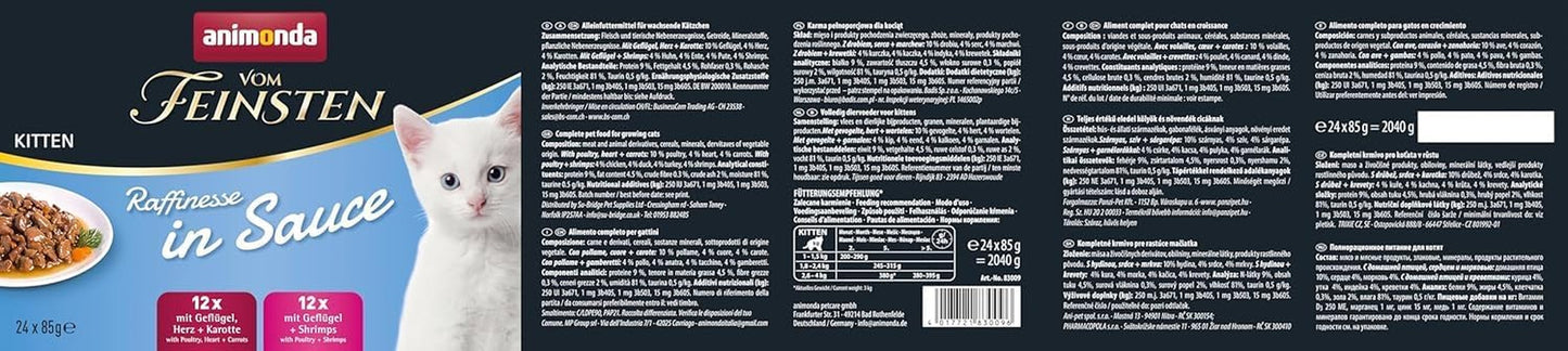 animonda vom Feinsten Premium Kitten Nourriture humide pour chats, Saveurs raffinées en sauce, 24 sachets (24 x 85g), Nourriture humide de haute qualité pour chats, sans sucre, Mélange mixte