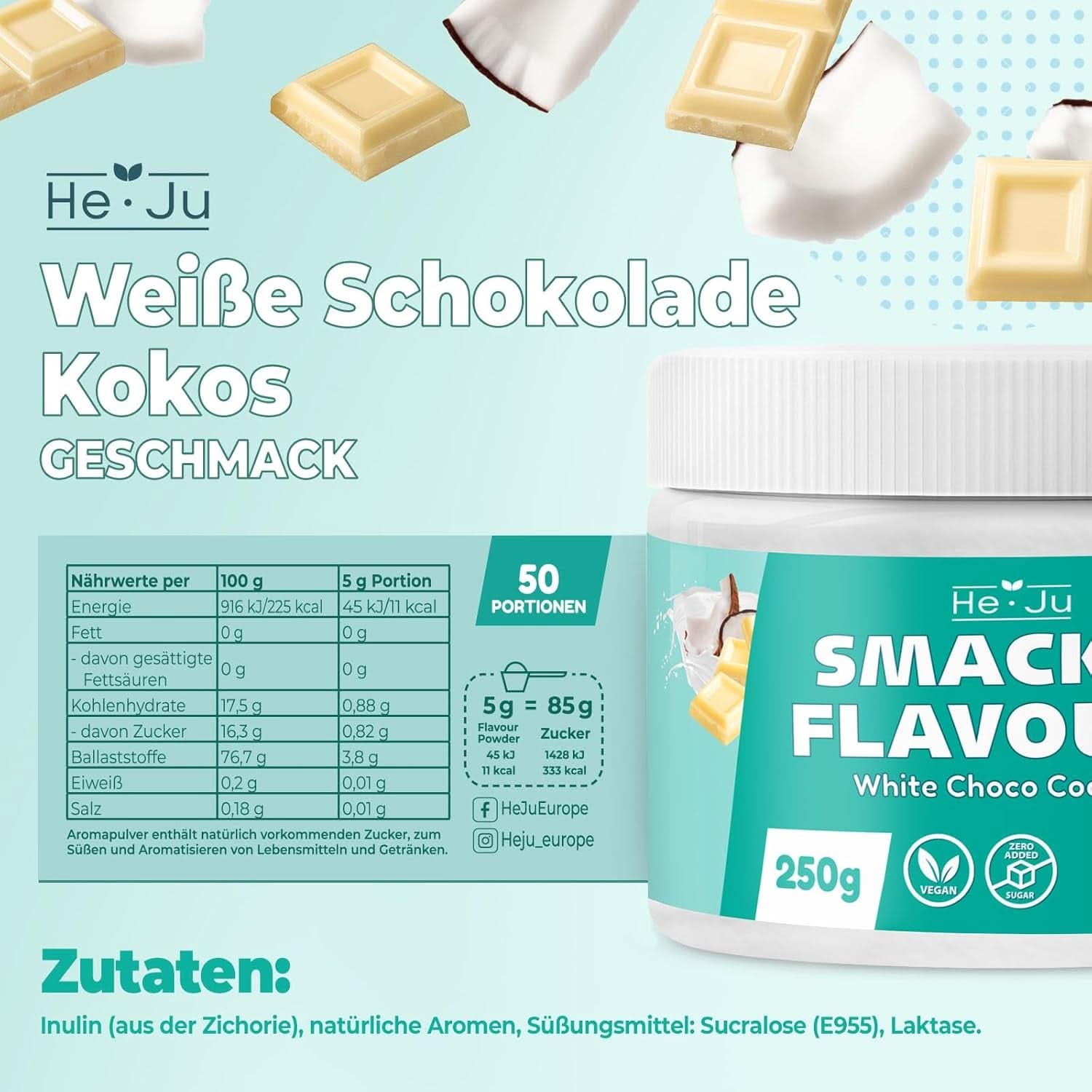 He-Ju, Poudre au goût de chocolat blanc et noix de coco, 250 grammes Aromas Naty Shop