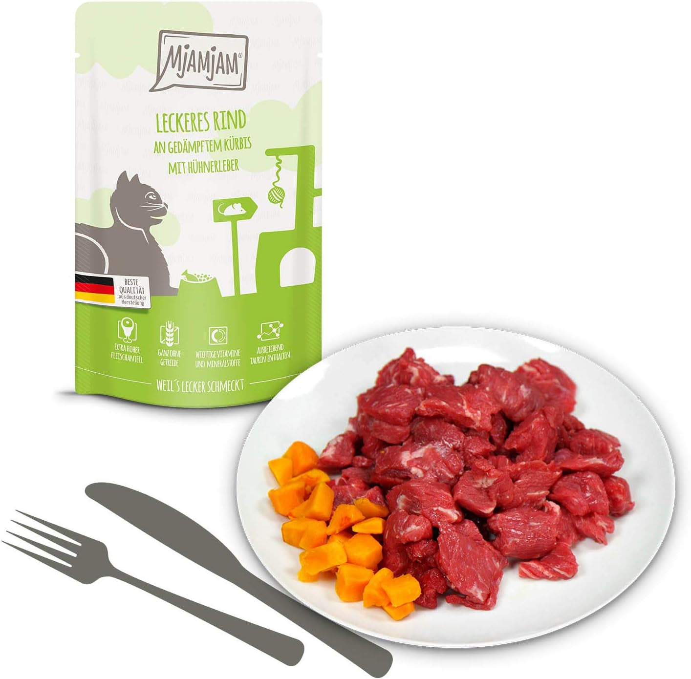 MjAMjAM - Nourriture humide de qualité supérieure pour chats - Pack mixte I - Poulet, bœuf, cœurs, paquet de 12 (12 x 125 g), sans céréales avec viande supplémentaire