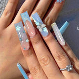 24 pièces papillon bleu ongles artificiels carré presse sur français longues paillettes brillant strass faux ongles conseils