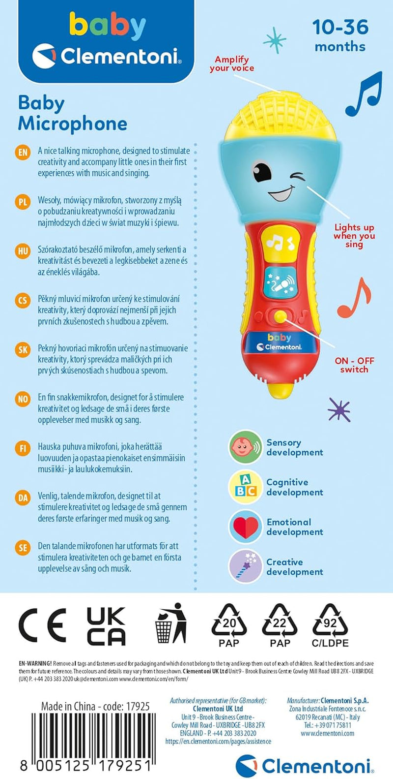 Clementoni - Microphone bébé, Jeu de musique électronique petite enfance, Jouet 10-36 mois, Centre d'activités avec lumière et sons, 17931 Baby Toys Naty Shop