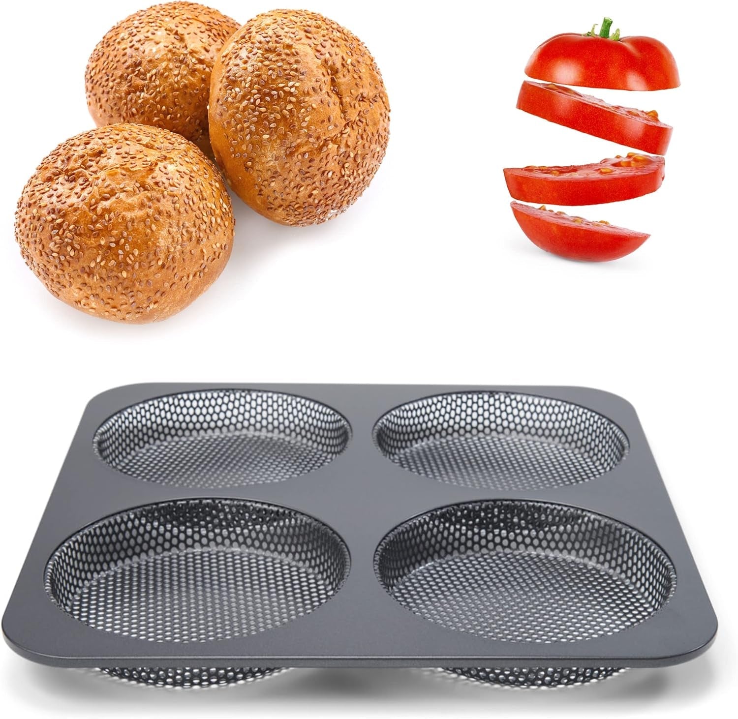 Hamburgerbrötchen, Perforiert, Antihaftbeschichte, 4 Runde Mulden Mit Je 12 Cm, Pfannengröße 28 X 28 Cm, 2.5 Cm Tief, Mittelgroß, Schwarz Moules et plaques pour la pâtisserie Naty Shop