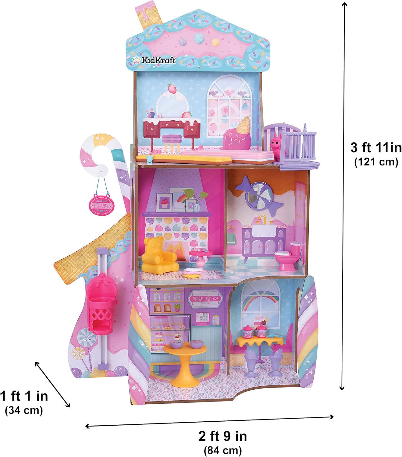 Kidkraft Candy Castle Maison de poupée en bois avec meubles et accessoires, maison de figurines lama licorne, élévateur à gâteau à la crème glacée et chaise en caoutchouc pour poupées, jouet pour 3 ans, 20242 Naty Shop Dollhouses