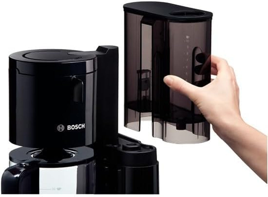 Bosch Styline TKA8013 Machine à expresso à filtre, capteur d'arôme, carafe en verre de 1,25 L, 10-15 tasses, arrêt automatique, système de détartrage, système anti-goutte, porte-filtre rotatif, 1160 W, noir