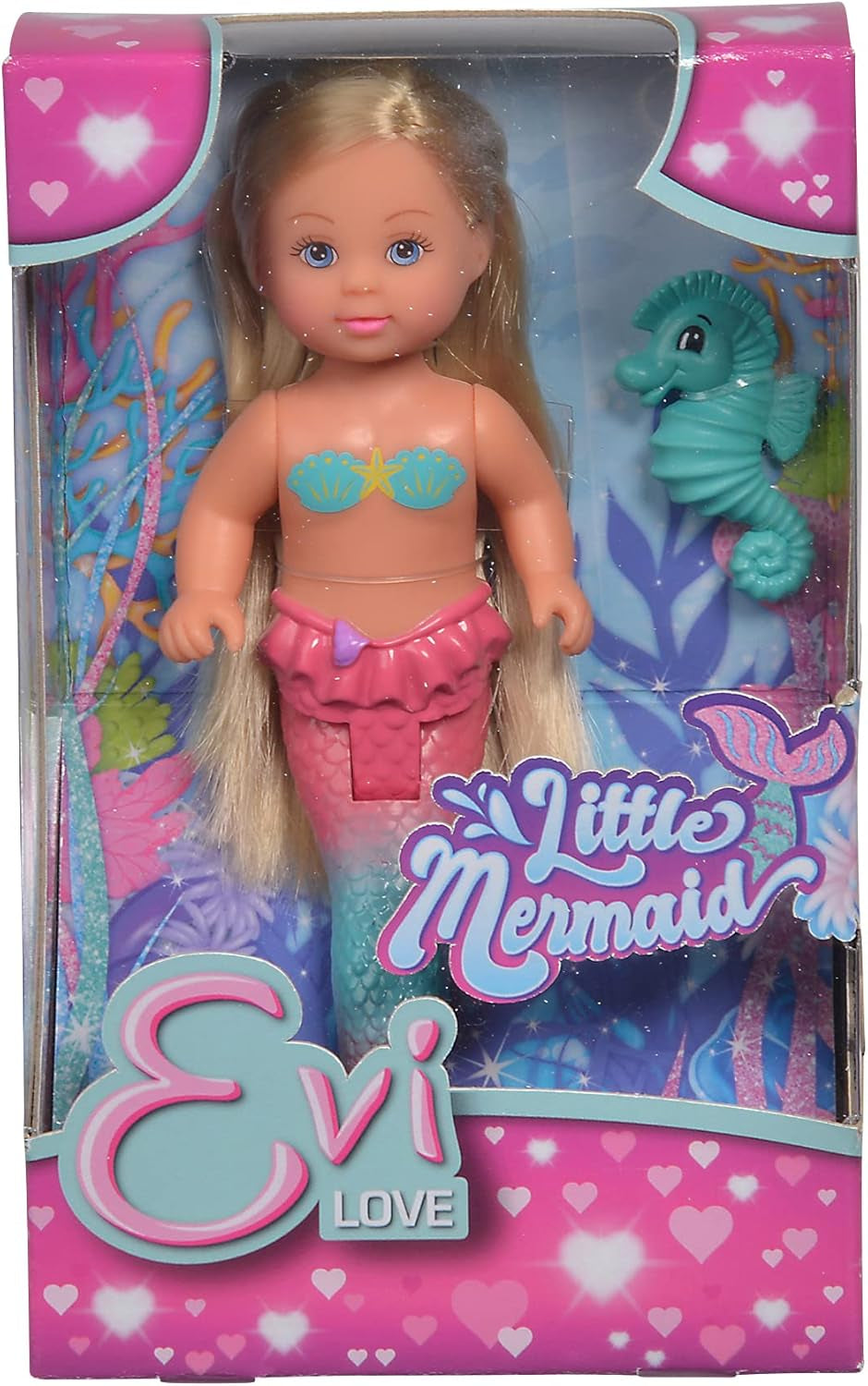 Simba 105733424 - Evi Love La Petite Sirène, 2 façons assorties, UN seul article sera livré, Evi en sirène, nageoire caudale mobile, avec hippocampe, poupée mannequin de 12 cm, à partir de 3 ans