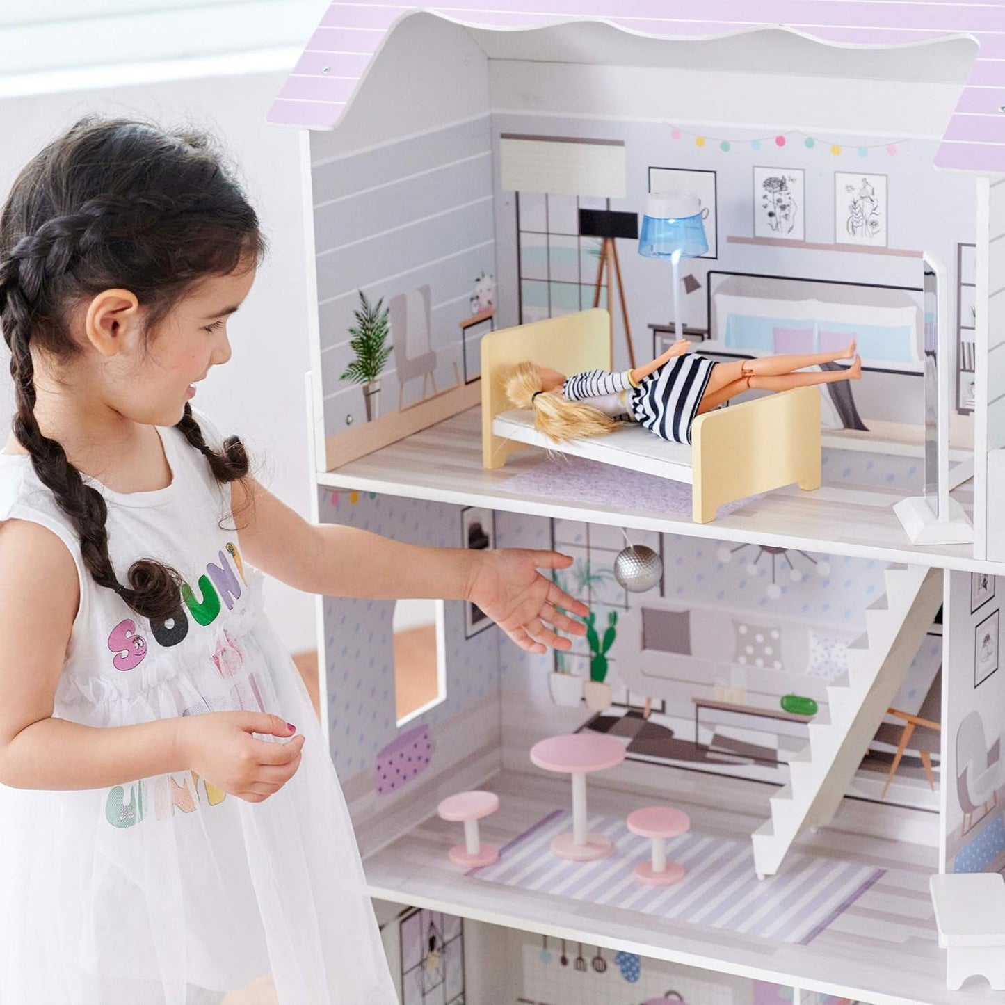 Teamson Kids Maison de poupée géante Olivia's Little World avec 16 accessoires de poupée, maison de poupée en bois avec meubles, 3 étages, maison de poupée 30 cm pour enfants, à partir de 3 ans