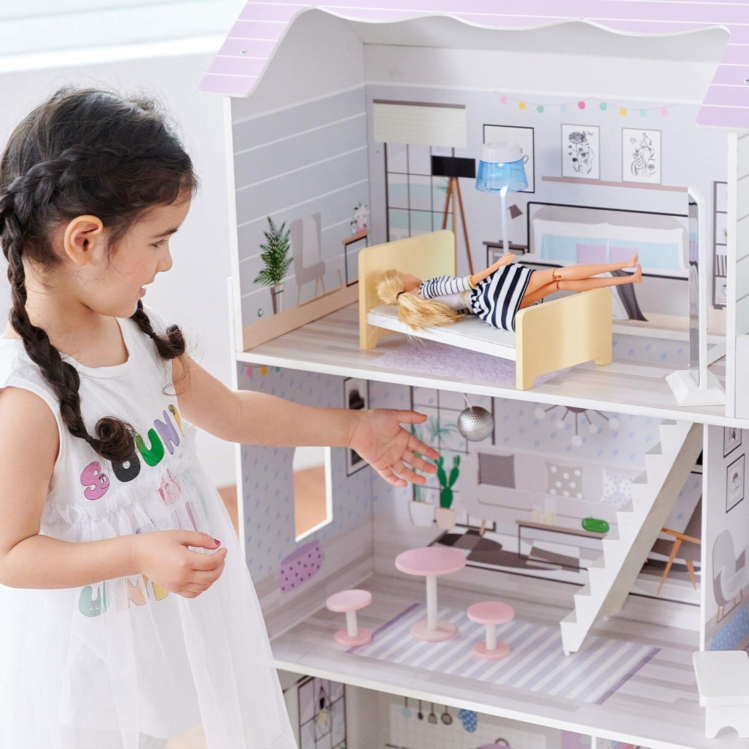 Teamson Kids Maison de poupée géante Olivia's Little World avec 16 accessoires de poupée, maison de poupée en bois avec meubles, 3 étages, maison de poupée 30 cm pour enfants, à partir de 3 ans