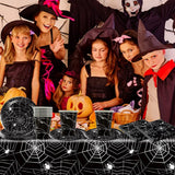 Ensemble de couverts en papier Halloween Spider de 49 pièces comprenant des assiettes, des serviettes, des verres et une nappe. Vaisselle noire avec assiettes à dessert, serviettes et verres.