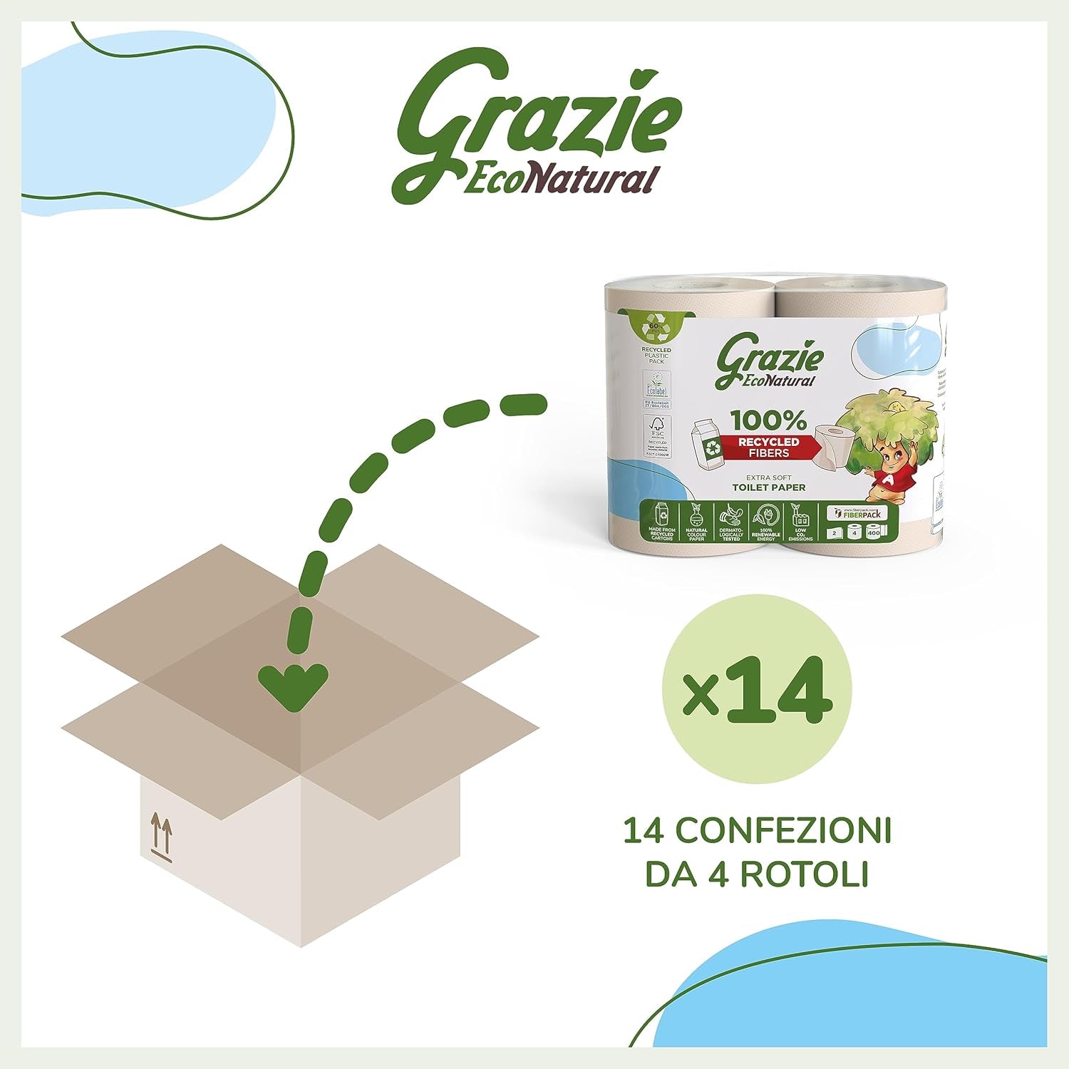 Papier toilette naturel Grazie, Econatural, 56 rouleaux, papier toilette recyclé Fibrepack, 100 % écologique, respectueux de l'environnement, certifié Ecolabel et recyclé FSC, fabriqué en Italie