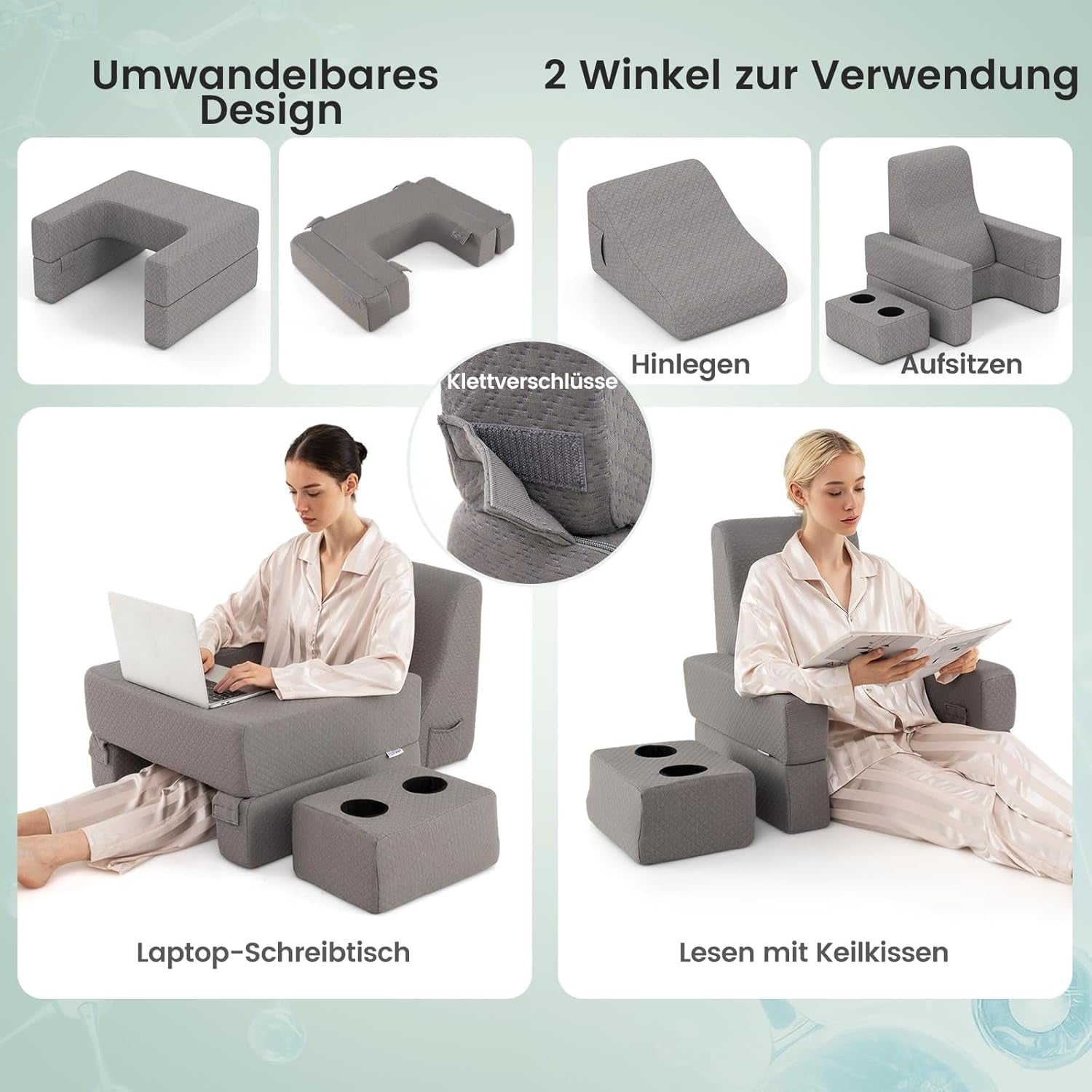 Oreiller de lecture pour lit et canapé, coussin de livre, librement combinable avec porte-boisson et housse lavable, oreiller de bureau réglable pour ordinateur portable pour lire, jouer, travailler, écrire (gris)