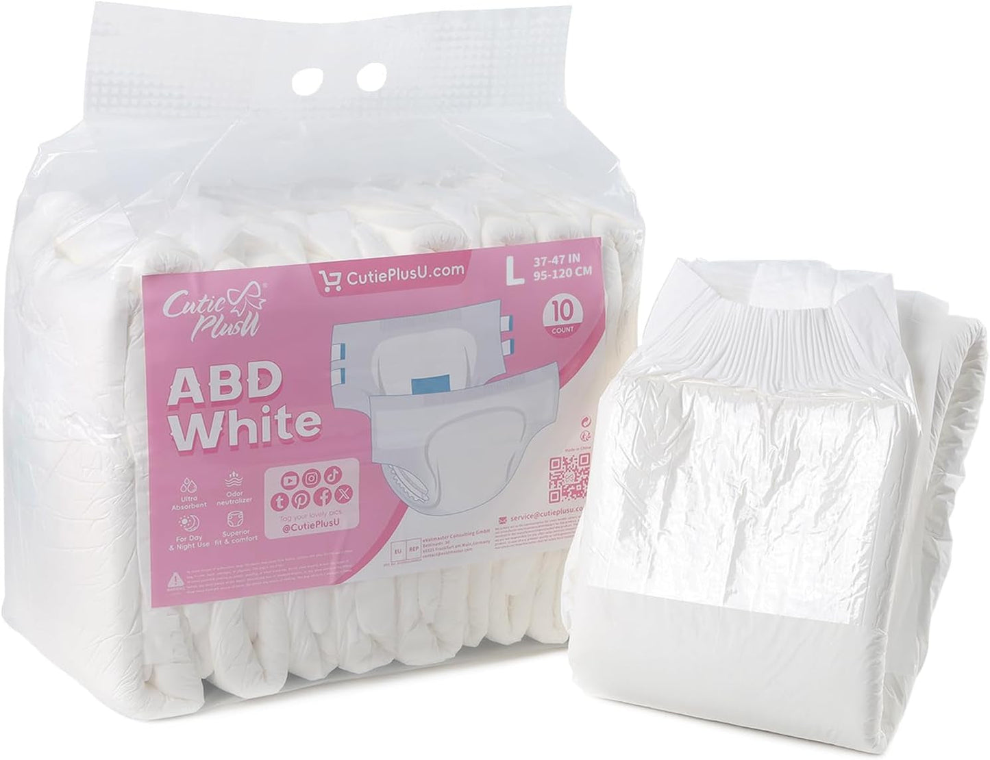 CutiePlusU Lot de 10 couches jetables pour incontinence avec boucles pour femme et homme, absorption maximale pendant la nuit – Blanc (taille moyenne 71-96 cm)
