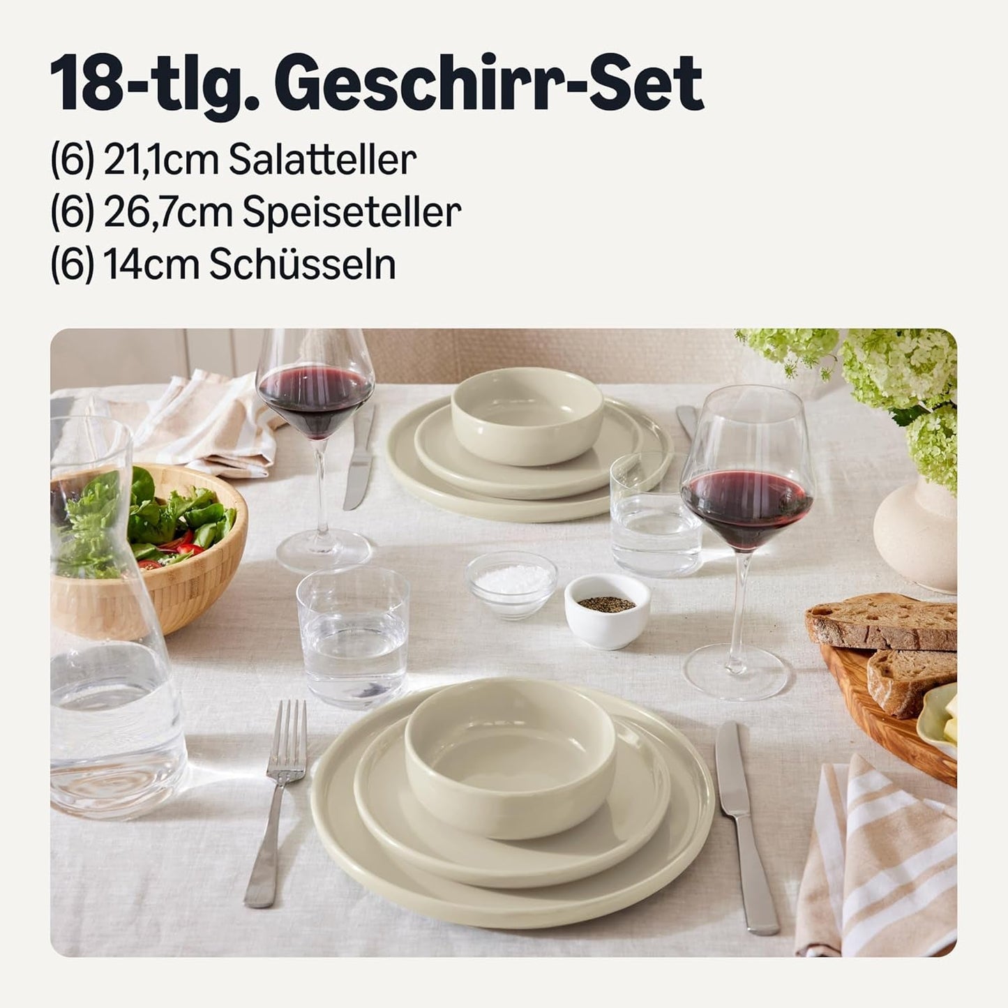 Amazon Basics Service de table en grès émaillé, 18 pièces, 6 ensembles complets, passe au lave-vaisselle, ivoire