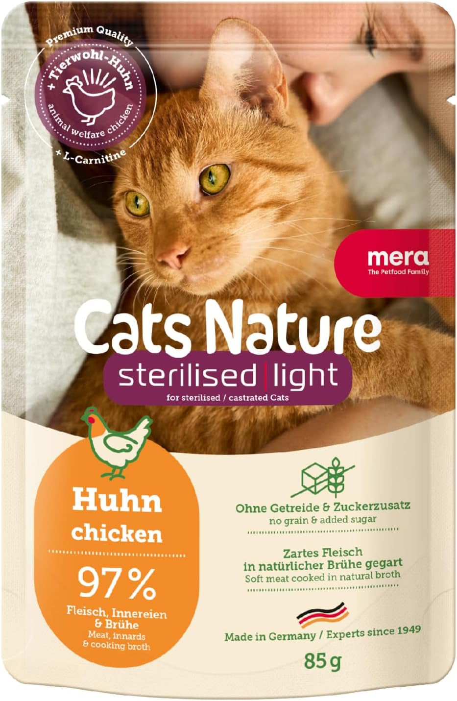 MERA Cats Nature Nourriture pour poulet stérilisée humide/légère 12 x 85 g | Pour chats stérilisés/castrés | Sans sucre ni céréales | Nourriture humide faible en gras et riche en viande