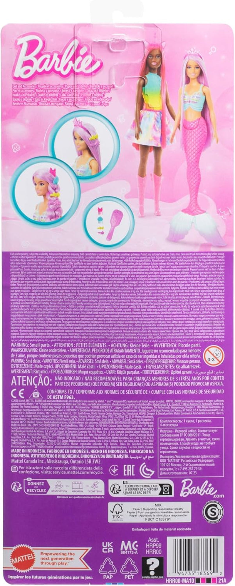 Poupée Barbie Sirène - avec de longs cheveux roses et des accessoires de coiffure individuels, dont une brosse, une jolie pointe festonnée et une nageoire caudale rose, à partir de 3 ans, HRR00
