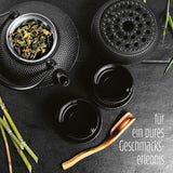 Service à thé Lumaland 8 pièces | Théière en fonte Tetsubin de 1,4 litre | Chauffage en fonte | 2 tasses à thé et 2 soucoupes | Service à thé japonais comprenant une cuillère doseuse en bambou et un infuseur en acier inoxydable