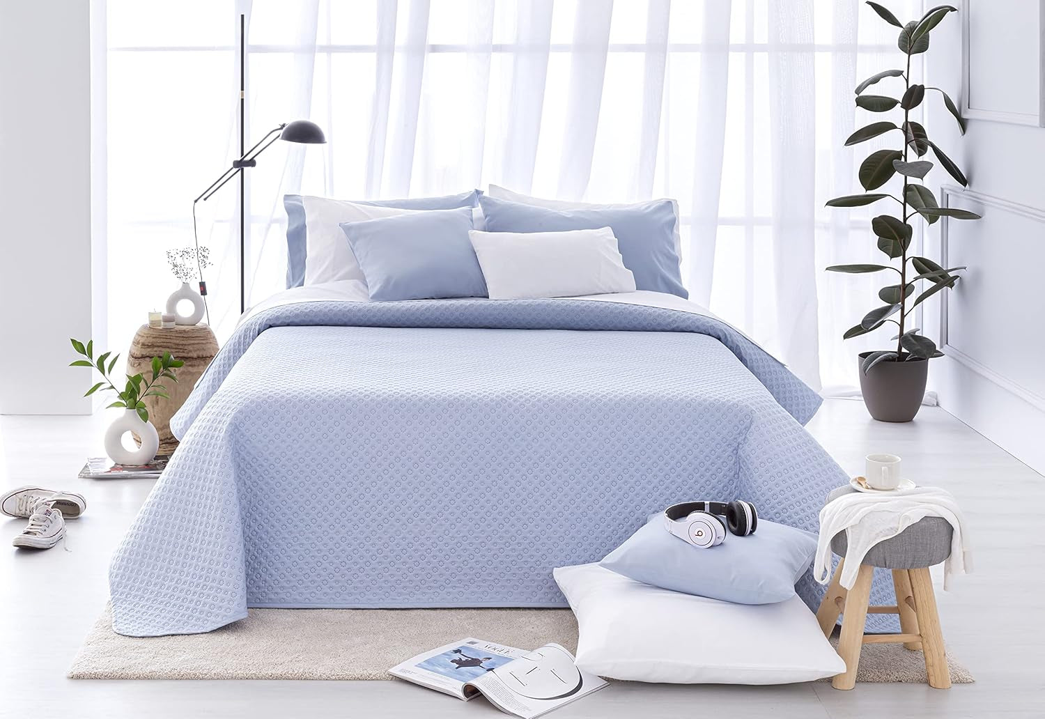 Todocama Fine Boutique couvre-lit avec motif piqué, pour printemps, été, automne et hiver, 100% microfibre super douce, couverture multifonctionnelle, 140/150/160-250 X 260 cm, gris clair Lits et couvertures Beuche den Todocama-Store Bleu clair 200 X 260 Cm