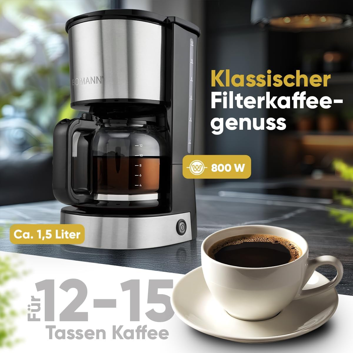 Machine à café expresso avec filtre Bomann® | pour 12-14 tasses | Machine à café expresso avec filtre | Boîtier en acier inoxydable | Anti-goutte | Expresso | Machine à café expresso avec filtre | 800W | KA6071CB