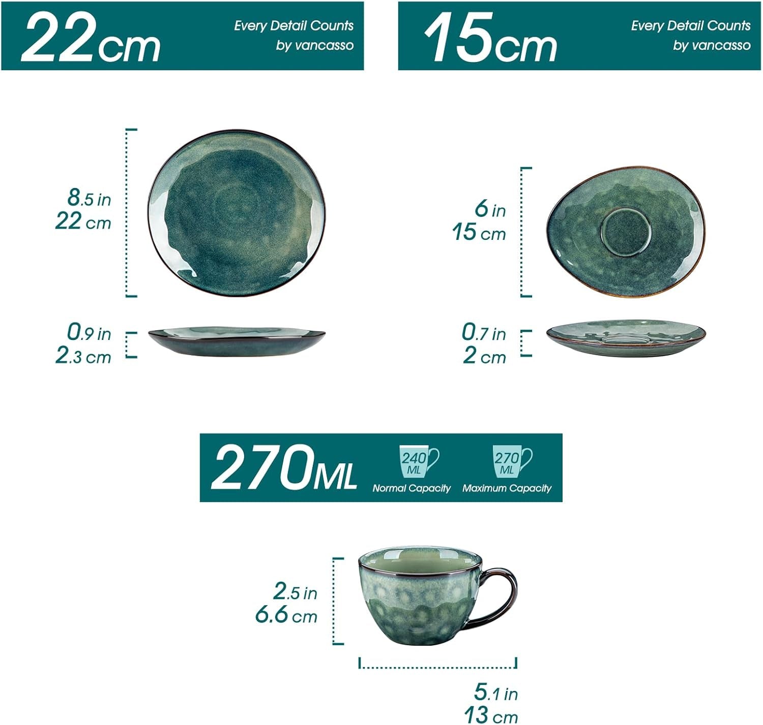 Service à café en grès Vancasso STARRY, service à café 12 pièces pour 4 personnes, comprenant des tasses à café et des soucoupes, look vintage