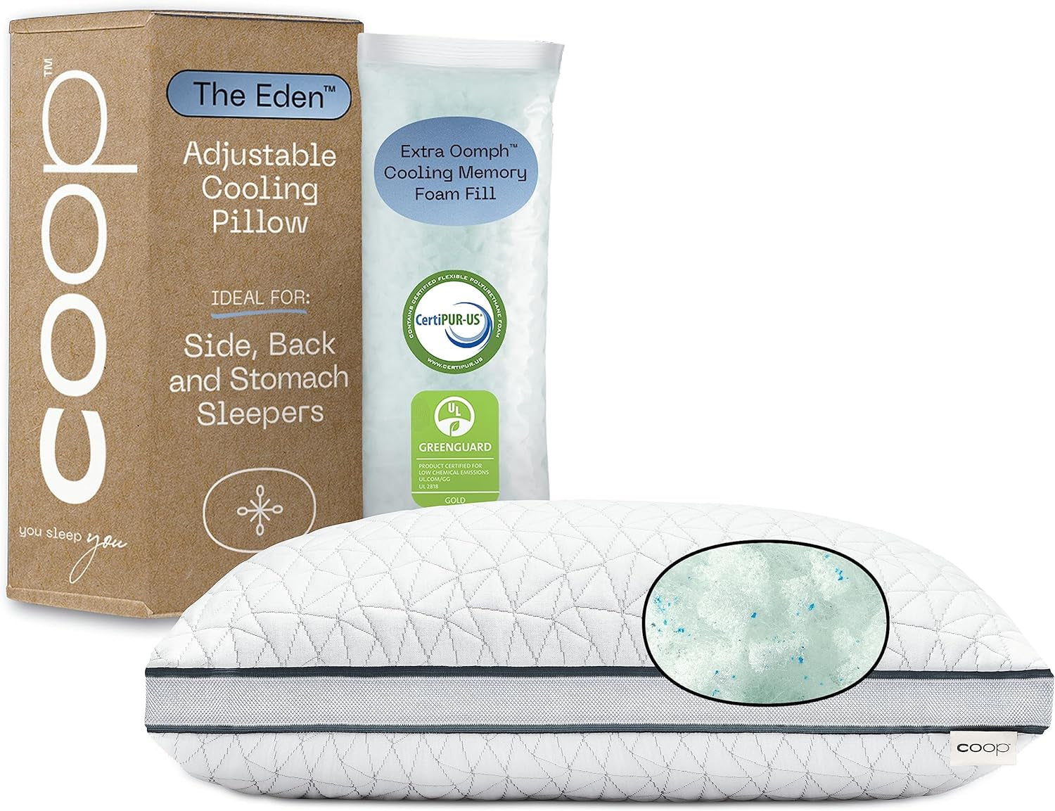 Coop Home Goods Eden Cool Oreiller réglable King Size Mousse à mémoire de forme infusée de gel réglable Tissu Lulltra doux et respirant Idéal pour tous les dormeurs Écologique Naty Shop Oreillers standard Titre par défaut