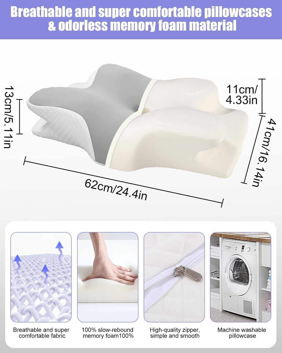 Oreiller cervical, oreiller de soutien latéral, oreiller en mousse à mémoire de forme, oreiller orthopédique, oreiller de soutien cervical ergonomique pour un soutien optimal du dos et du ventre Oreiller de soutien latéral (62 X 41 X 13CM) Oreillers orthopédiques cervicaux Naty Shop