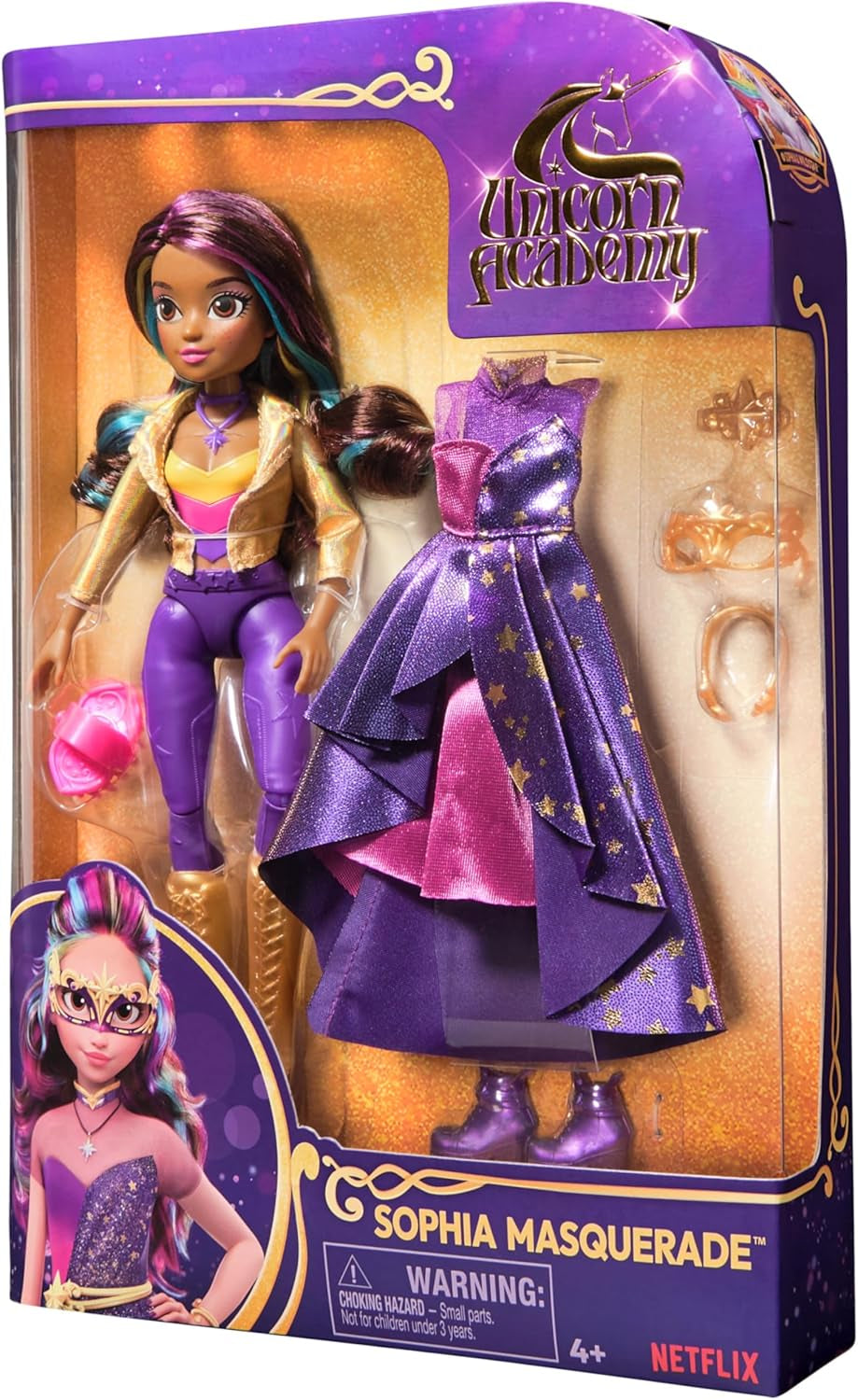 Bal masqué Deluxe Unicorn Academy - Poupée originale Sophia de la populaire série Netflix, 24 cm de hauteur, avec 2 tenues et accessoires, à partir de 4 ans