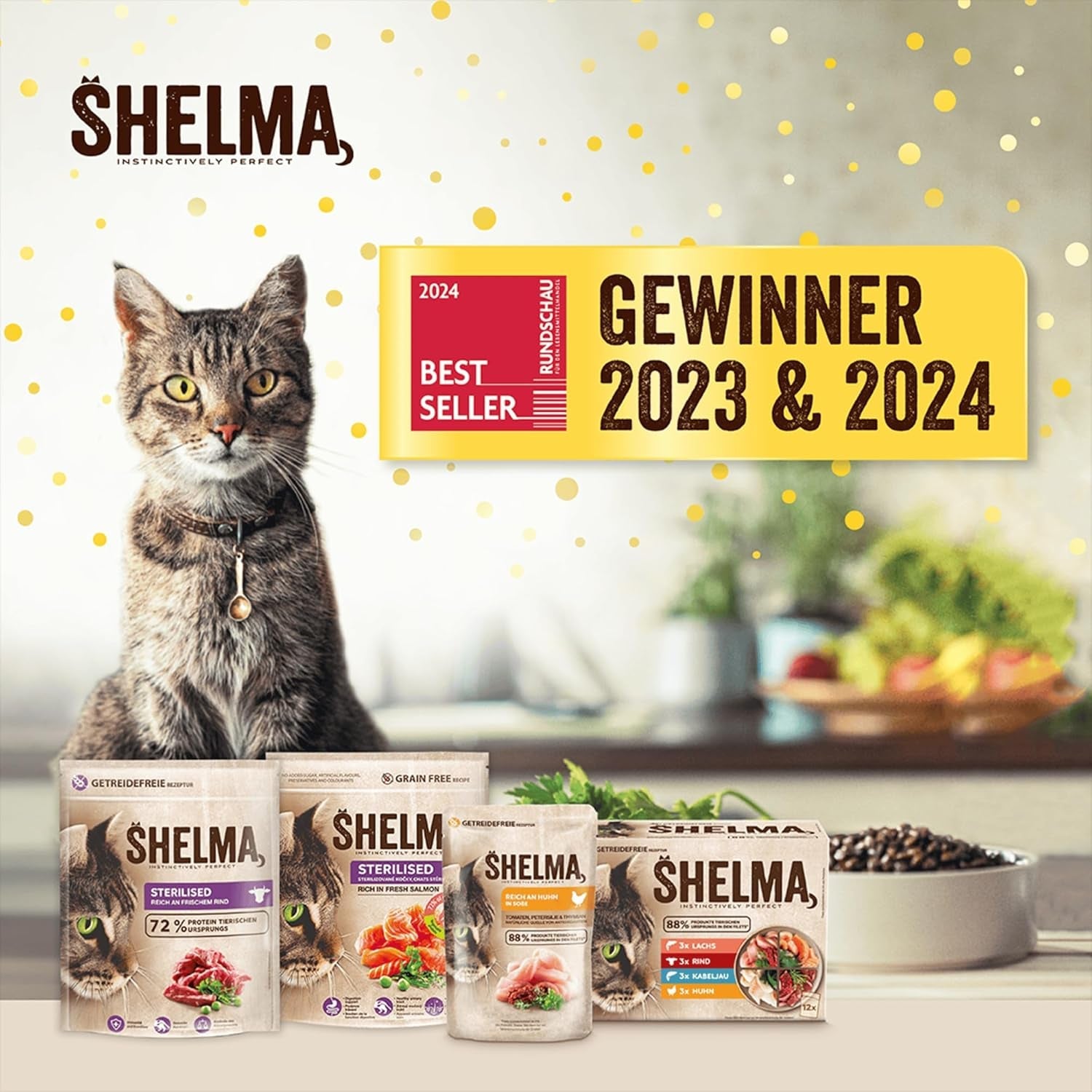 Shelma Nourriture humide pour chats Megapack au bœuf, dinde, poulet et canard - Aliment complet sans céréales à haute teneur en viande - 40 x 85 g (3,4 kg)