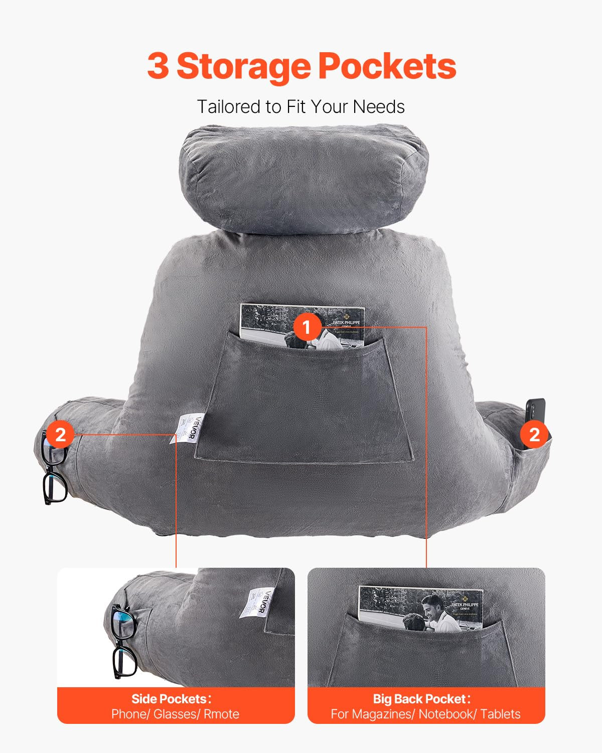 VEVOR Oreiller de lecture, oreiller de lit (grand) avec appui-tête amovible, oreiller de dos à 3 poches et tissu en velours court lavable et mousse à mémoire de forme déchiquetée, côté avec poignée, pour regarder la télévision, lire, jouer