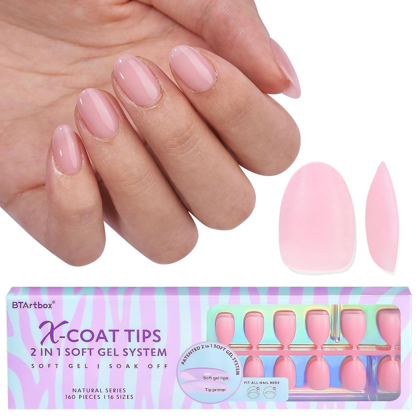 Btartbox Ongles Extra Courts en Gel Souple Couverture Complète Pointes d'Ongles Courtes Amande 160 Pièces Ongles Artificiels XCOATTIPS Préconçus Pointes d'Ongles Courtes Amande pour Extensions d'Ongles