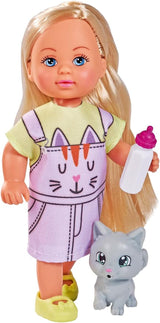Simba 105733591 - Evi Love Kitty 2 façons de correspondre, UN seul article sera expédié Poupée dans une jolie robe de chat avec chatons et biberon 12 cm Poupée de jeu à partir de 3 ans