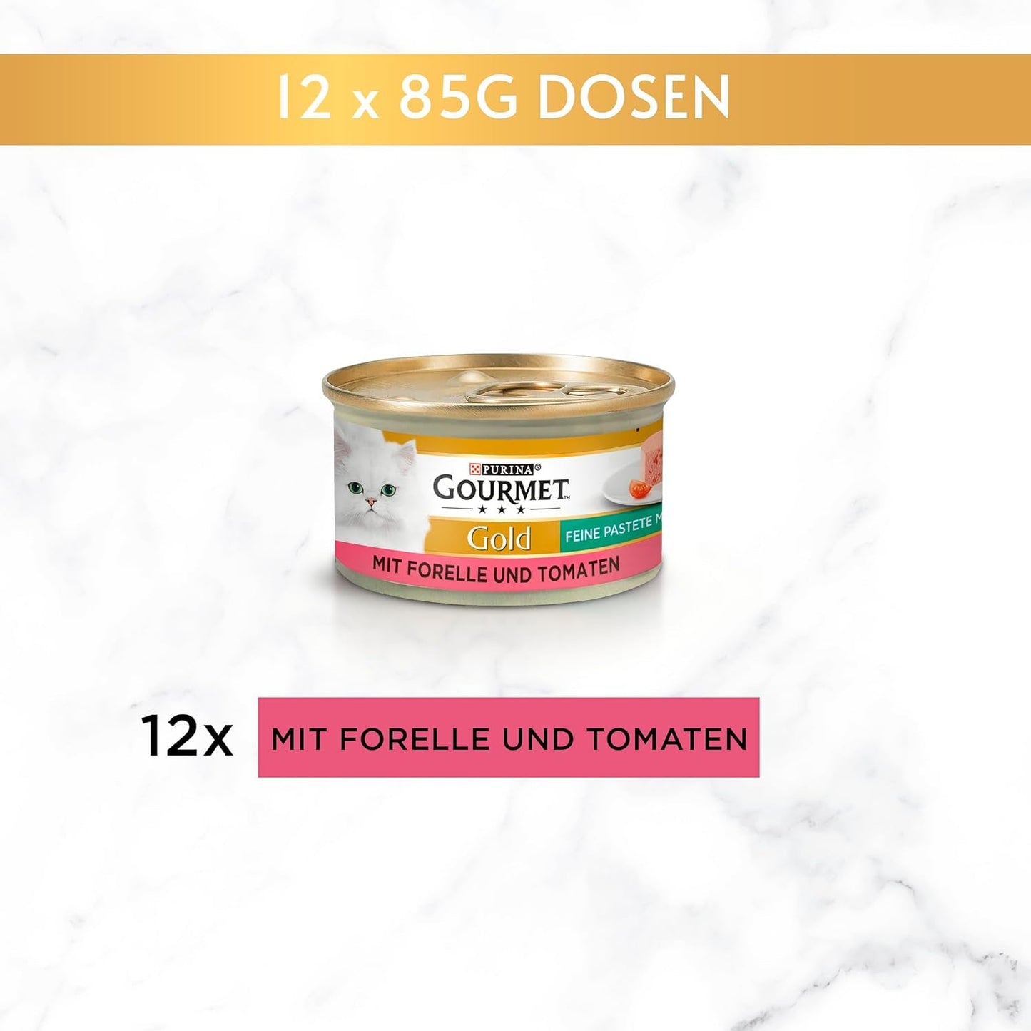 Fine Pate Gourmet Gold aux légumes, nourriture humide pour chats à la truite et à la tomate, paquet de 12 (12 x 85 g)