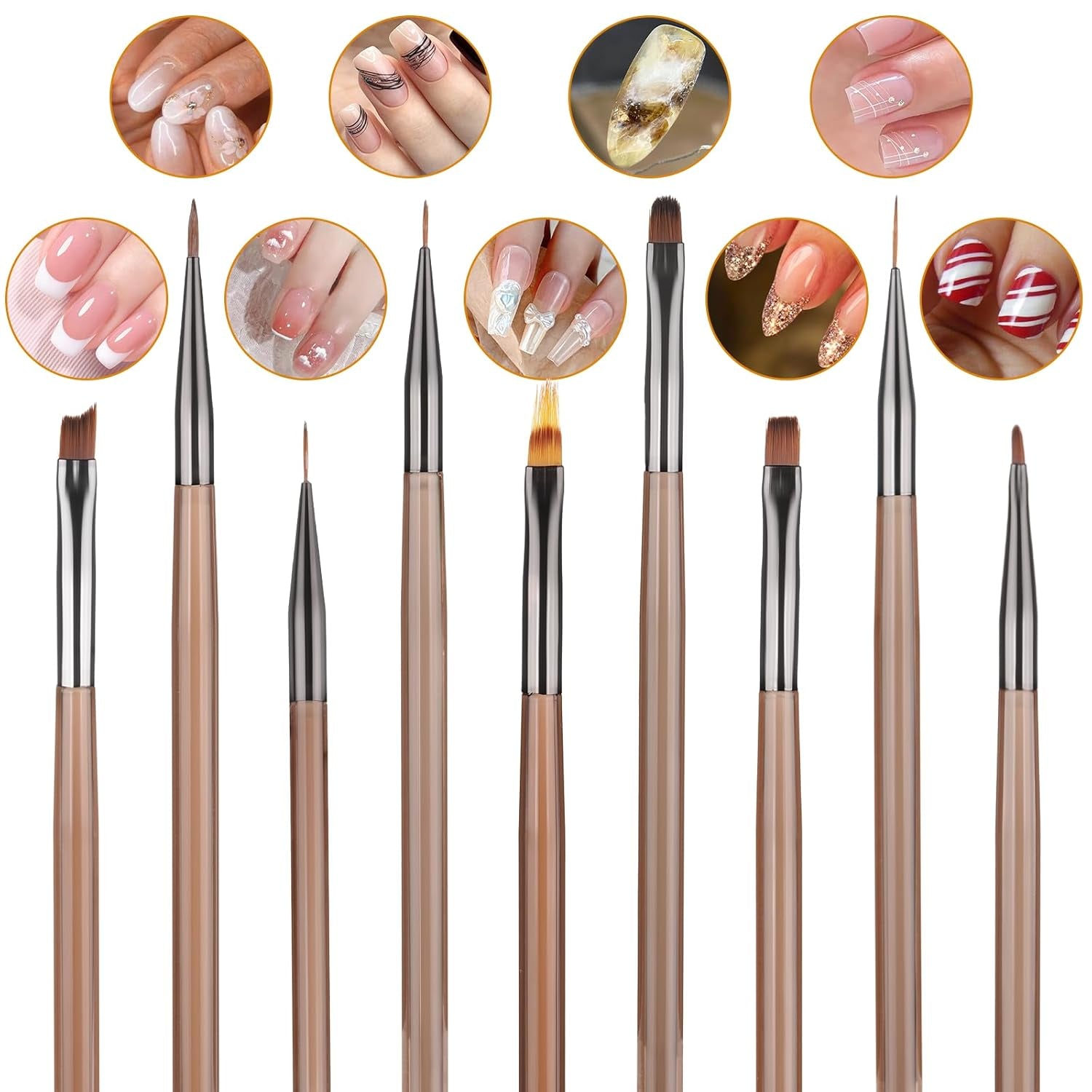 10 pièces Nail Art Pinsel Set, Braun Nail Art pinceaux Nailart Design Pinsel Nageldesign Pinselfür Gelnägelfür Heimwerker Maniküre Salon Zuhause Nailpinsel Set
