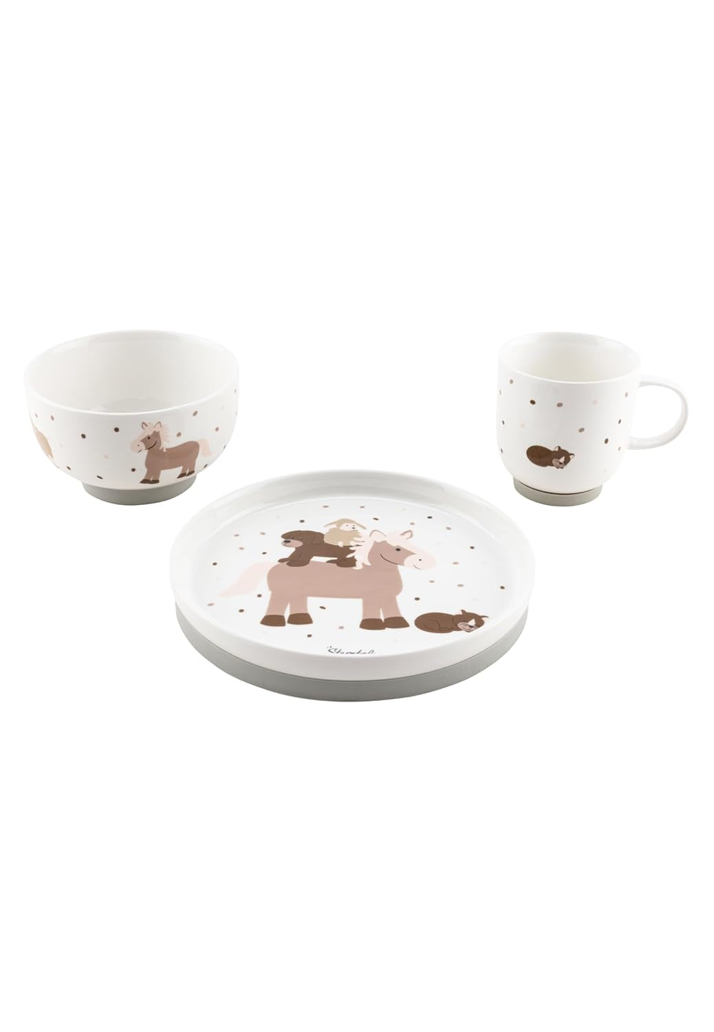 Sterntaler Service de table en porcelaine au design rustique – Service de table avec base en silicone antidérapante et amovible – Vaisselle pour bébé et enfant avec assiette, bol de 400 ml et tasse de 200 ml, blanc
