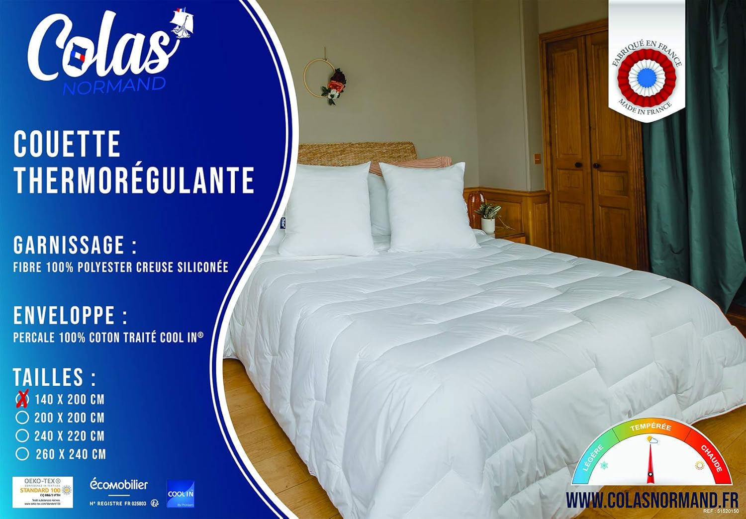 COLAS NORMAND Couette thermorégulatrice, Cool In, Tempéré, 140 X 200 Cm, Sweat, Ventilation optimale, 100% percale, Fresh Feel, Français, 53130255, Blanc Couettes et couettes Naty Shop