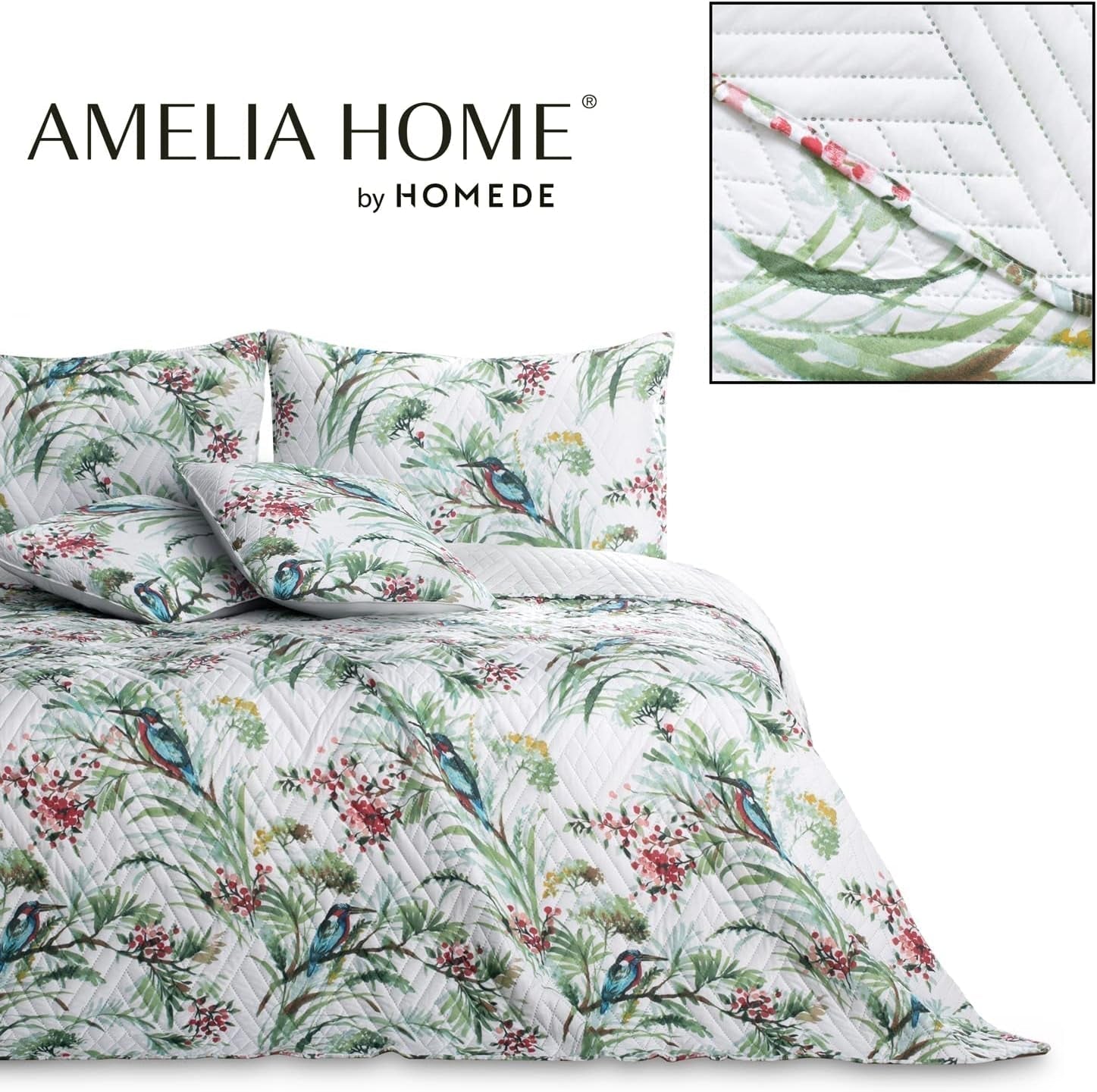 Ameliahome Couvre-lit Couvre-lit 260X280 Cm Double Face Facile d'entretien Quilting Motif Plante Motif Oiseau Multicolore Kingfisher Lits et Couvertures Besuche den AmeliaHome-Store