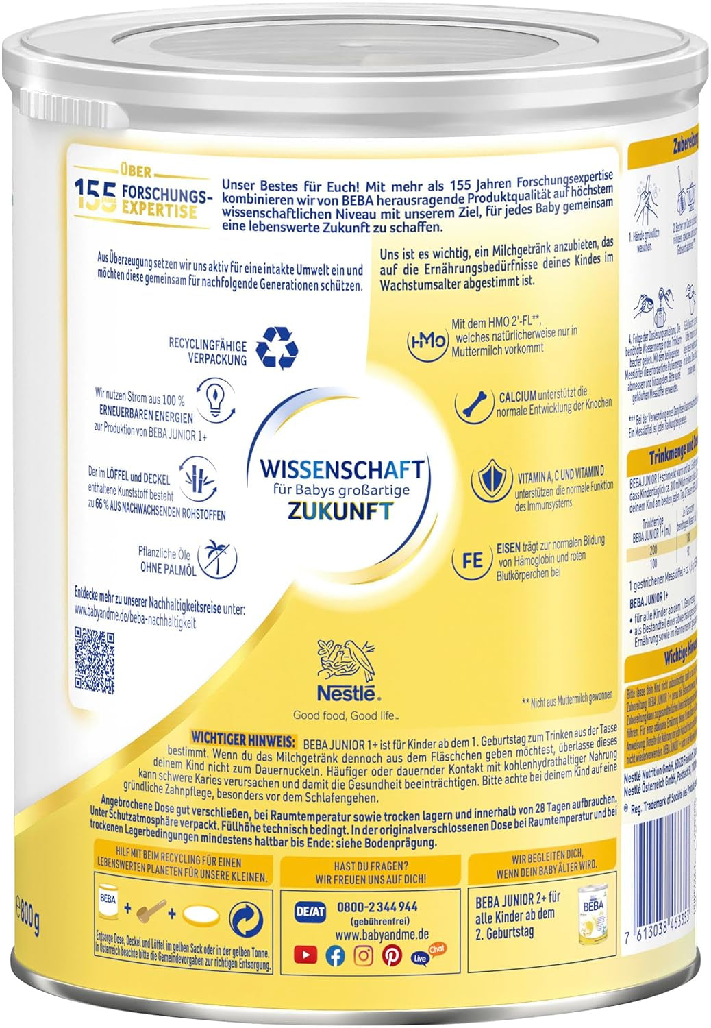 Boisson lactée BEBA Junior 1+ à partir de 1 an, Avec HMO, Teneur en protéines adaptée à l'âge, Lactose uniquement, Sans huile de palme, Sans huile de poisson, Aliments pour tout-petits, Lait en poudre pour bébé, Lot de 6 (6 x 800 g)