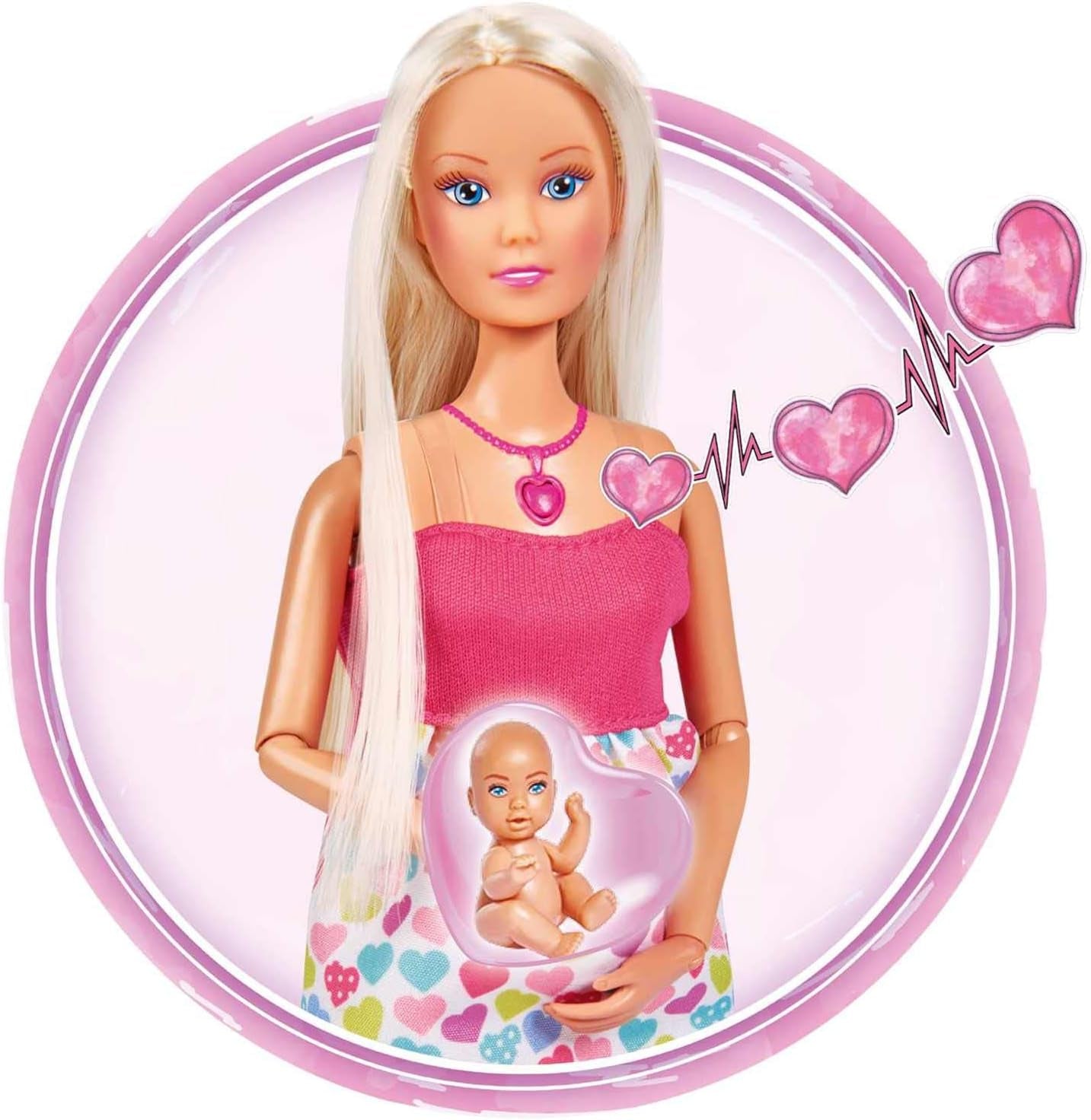 Simba 105733480 - Sac à dos pour bébé Steffi Love, poupée enceinte avec bébé et superbes sons, accessoires pour bébé et porte-bébé, poupées Naty Shop roses