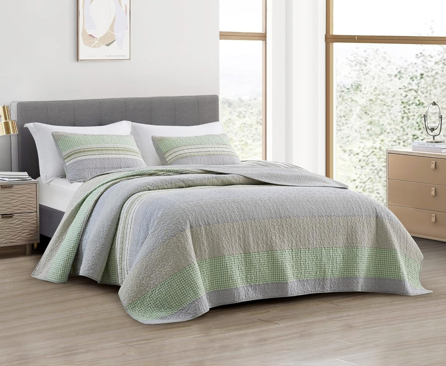 Chezmoi Collection Ensemble de courtepointe Addy Patchwork en coton prélavé léger réversible toutes saisons surdimensionné 3 pièces bleu marine blanc gris taupe courtepointes et courtepointes à carreaux Naty Shop Plaid Candy Stripes Patchwork vert gris Queen