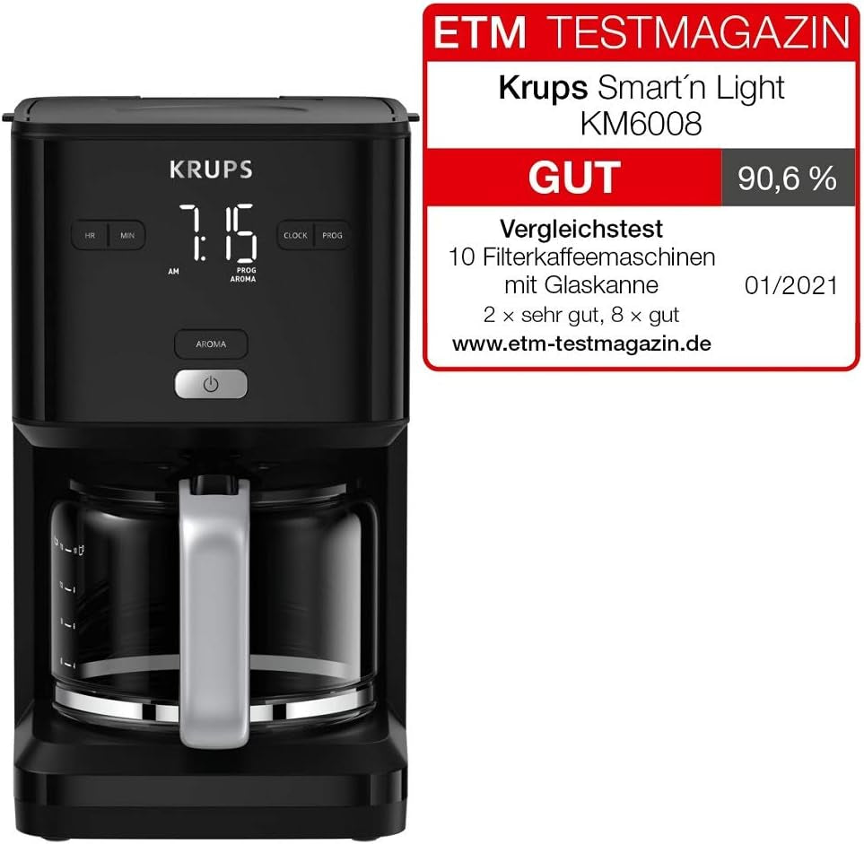 Machine à café Krups Smart'n Light avec minuterie, pour 1,25 litre de café filtre, fonction maintien au chaud, arrêt automatique, noir, KM600810
