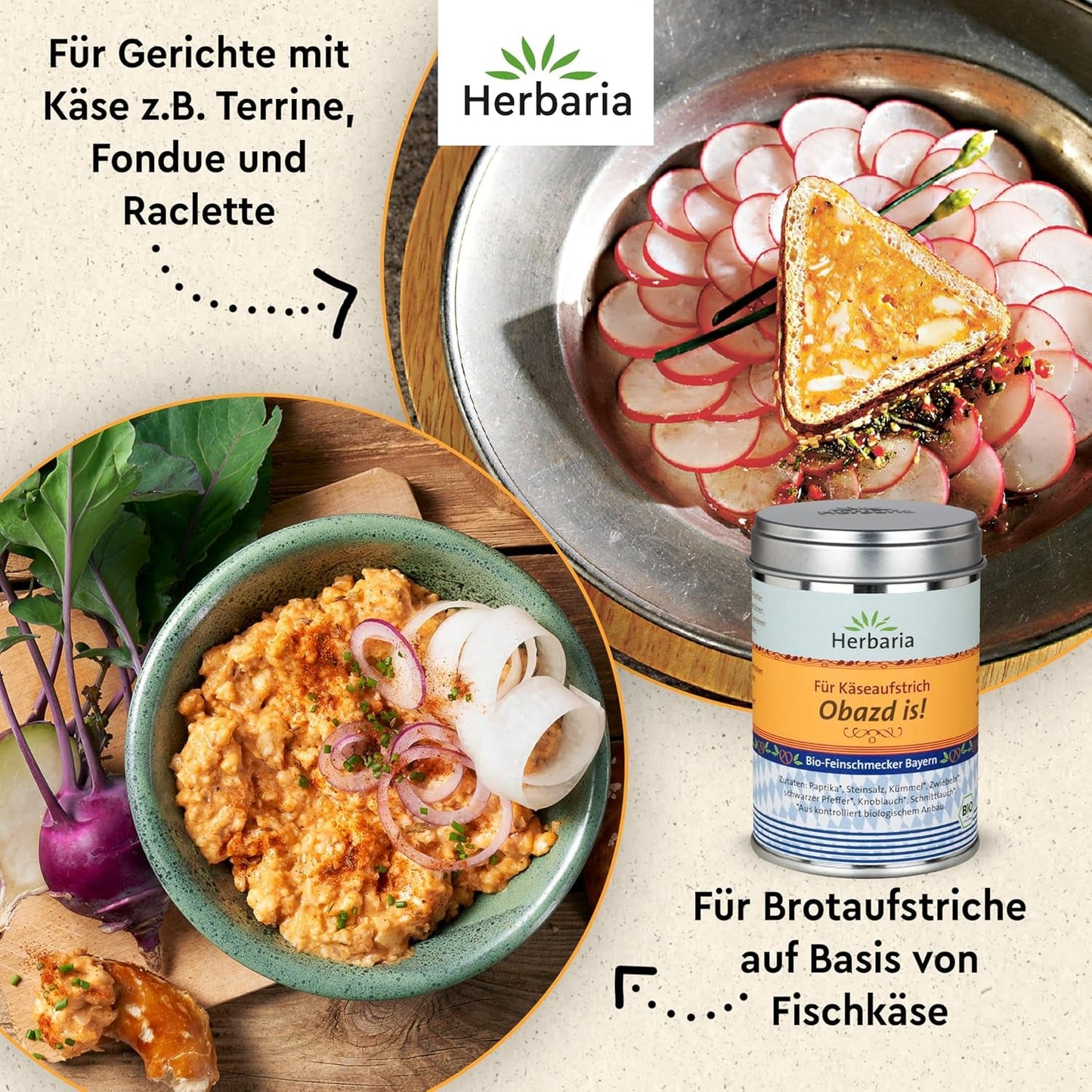 Herbaria Obazd l'est ! bio 90g M-Dose – Bio-Gewürzmischung bayerischen Biergartenklassiker Obazda – pour Brotaufstriche, Käsegerichte, Käsefondue – Raclette Gewürz - dans nachhaltiger Aromaschutz-Dose