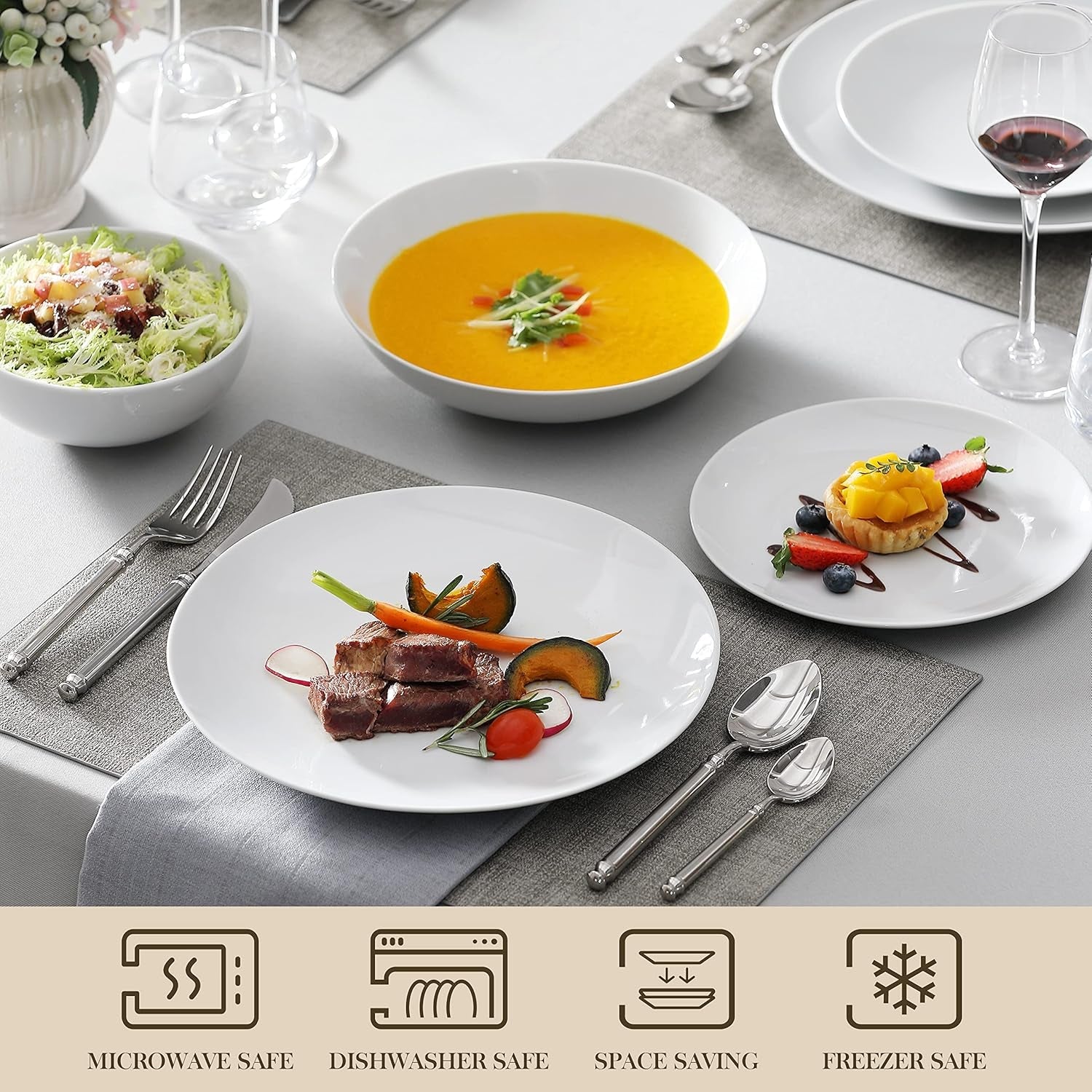 MALACASA Service de table pour 12 personnes, service de table moderne en porcelaine Amelia 48 pièces, service de table avec 12 assiettes plates, assiettes à dessert, assiettes Suma et bols à céréales, service de table moderne pour 12 personnes – Blanc
