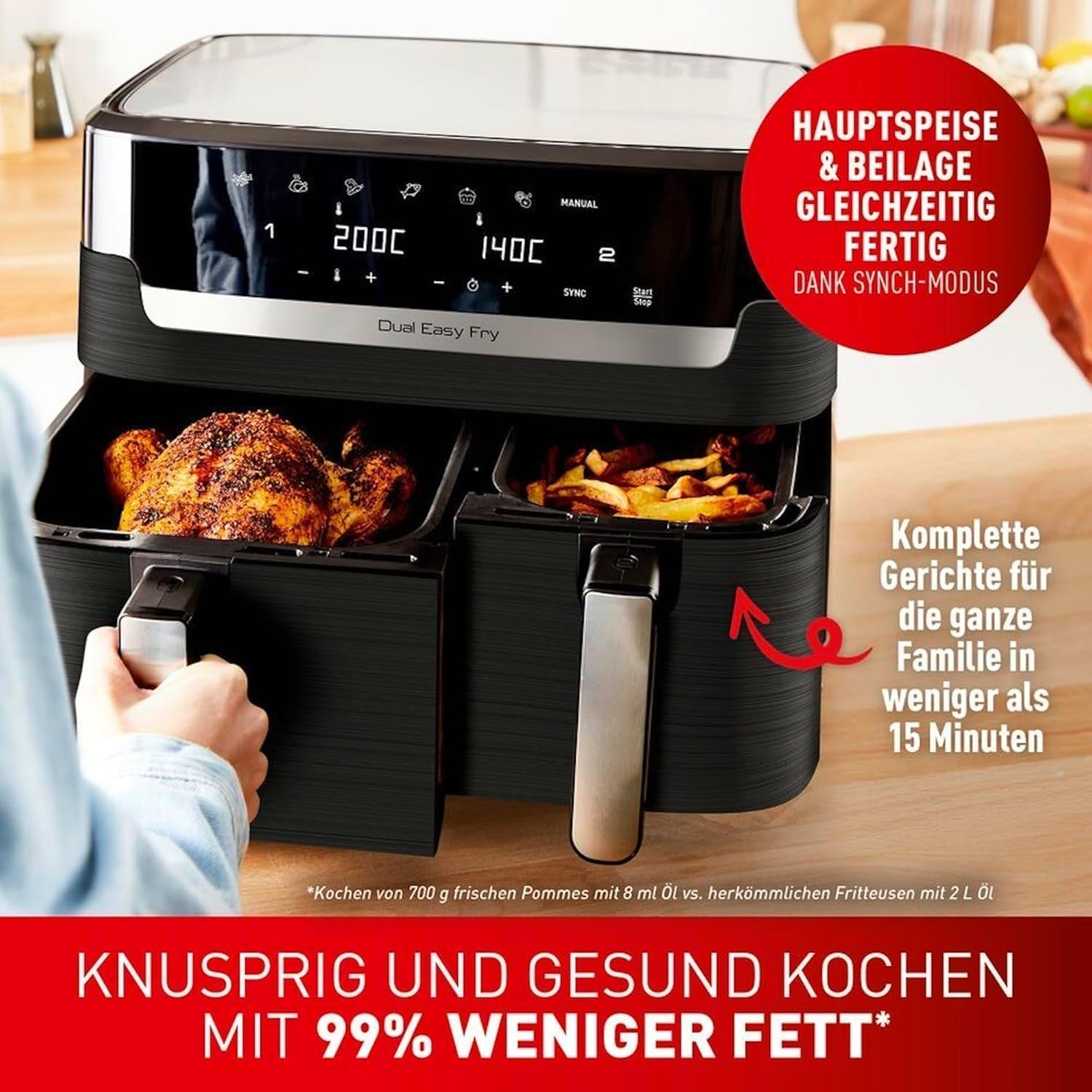 Friteuse à air chaud Tefal Dual Easy Fry avec deux chambres, capacité 5,2/3,1 litres, deux tiroirs indépendants, 7 programmes Électroménager Naty Shop