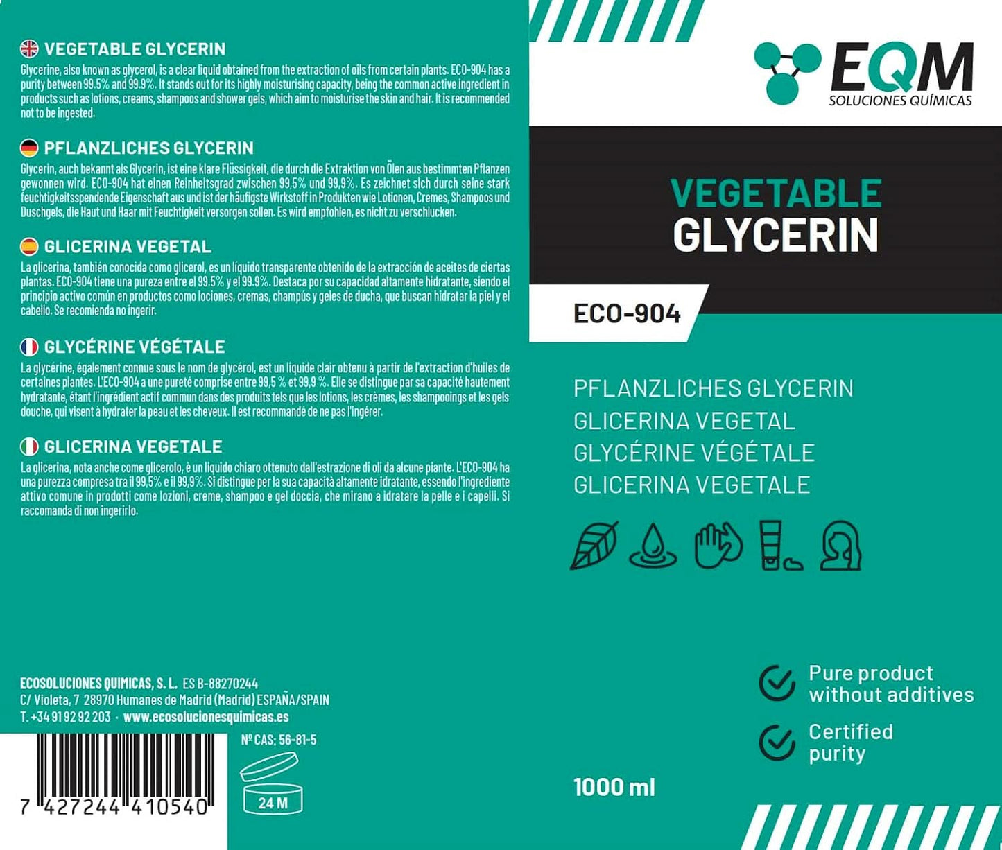 Glycérine végétale, 100% naturelle, hydratant naturel pour cheveux et peau, idéale pour les savons, shampoings, crèmes, 1 litre Douche et bain Naty Shop