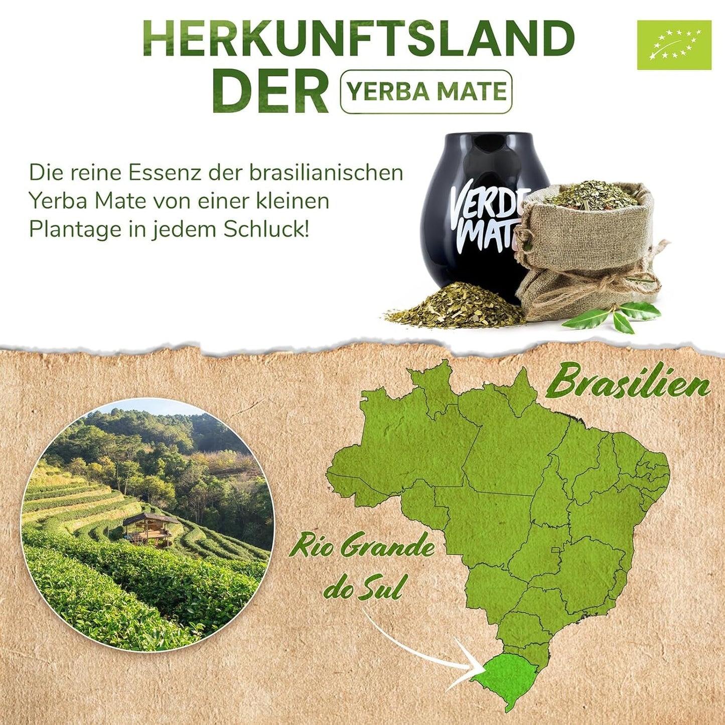 Verde Mate Green Orgánica 500 G – Yerba Mate biologique du Brésil – sans fumée et soigneusement traité 0,5 kg